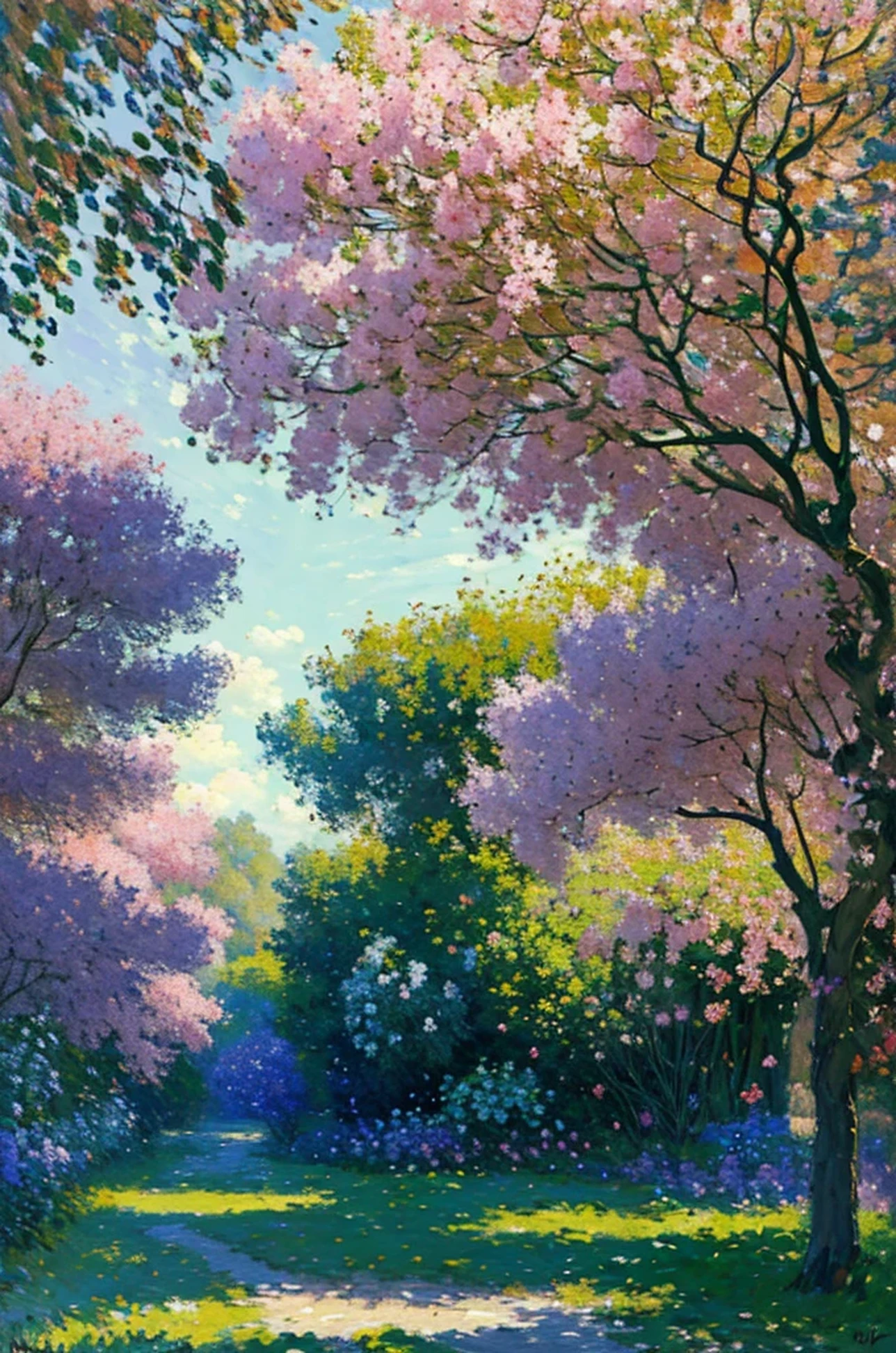 (Mejor calidad, high resolution:1.2),Oil painting,beautiful branch with foliage of paulownia tree in foreground,pintado con colores de rosa, amarillo, blanco, azul, and brown, inspirado en el estilo de Claude Monet,arte oficial,Impresionismo,Colores pasteles suaves,Luz sutil