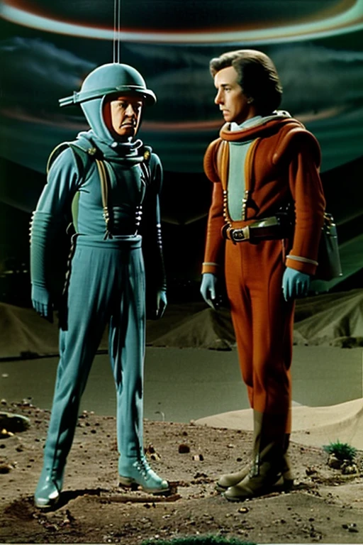 Truly realistic image showing a scene from an old 1950s science fiction TV series