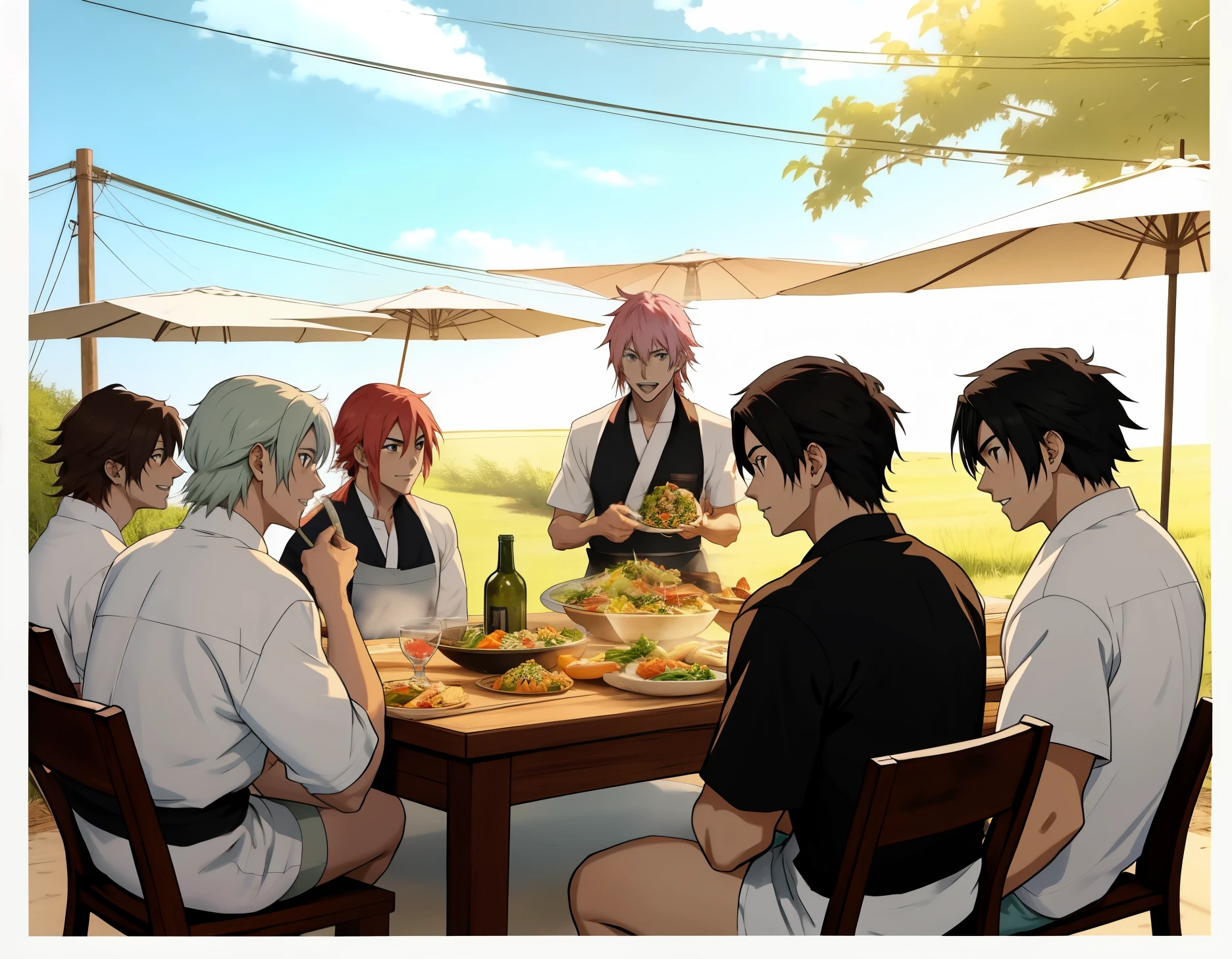 anime escenahay 4 chicos sentados compartiendo la cena