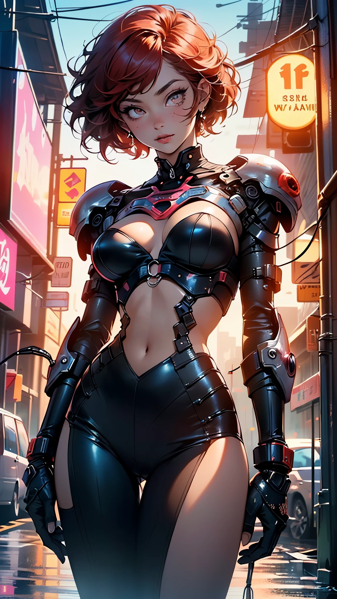 cyborg girl,(((1girl))),((cyborg girl with extremely cute and beautiful red hair)),

(huge breasts:1.4),saggy breasts,(((red short hair:1.35,absurdly short unkempt hair,colored inner hair,ear breathing,short hair))),((heterochromia:1.5, (red_eye and pink_white))),intricate eyes,beautiful detailed eyes,symmetrical eyes,((fat)),(((lustrous skin:1.5,bright skin: 1.5,skin tanned,shiny skin,very shiny skin,shiny body,plastic glitter skin,exaggerated shiny skin,illuminated skin,wet legs))),(spider lower abdomen,narrow waist,wide hip,athletic body,inflated legs, thick thighs,detailed body,(detailed face)),

cute,slutty,seductive,erotic,(nsfw),

((1 mechanical girl)),(one of his bionic eyes:1.4,(machine-made joints: 1.4)), ((mechanical limbs:1.2)), (blood vessels attached to the tube), ((mechanical spine attached to the back, close-up)), ((mechanical cervical vertebrae attached to the neck), ((mechanical parts:1.4)),(mechanical spine, mechanization:1.2, future, wide hips),(wires and cables attached to the head and body: 1.5),(show skin:1.3),((wet clothes,intricate outfit,intricate clothes)),

(dynamic pose:1.0),solo focus,embarrassed,(centered,scale to fit dimensions,Rule of thirds),

cyberpunk city by the ocean at night, with bright neon signs and dark stormy clouds and puddles, scenery:1.25,nighttime, starry night, cosmos,Very dark night that makes the neon lights stand out, very bright neon lights,

artistic photography,(photography taken by sldr),highres, sharp focus,(ultra detailed, extremely detailed), (photorealistic artwork:1.37),(extremely detailed CG unity 8k wallpaper),((synthwave background theme)),(((vibrant colors))),intricate,(intricate background),(masterpiece),(best quality),perfect rendered face,perfect face details,realistic face,photo realistic,analog style,((intricate detail)),(((realism))),
