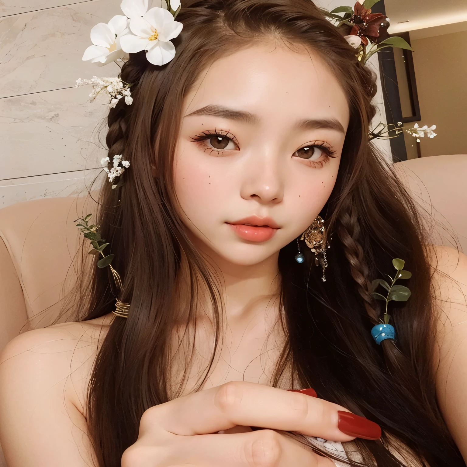 un primer plano de una mujer con cabello largo que lleva una corona de flores, maquillaje popular de corea del sur, dilraba dilmurat, maquillaje coreano popular, ulzzang, hermosa mujer surcoreana, peinado de coletas, hermosa joven coreana, asian girl with long hair, joven y adorable rostro coreano, hermosa joven coreana, muchacha coreana, hermoso rostro estetico, rasgos de la cara coreana