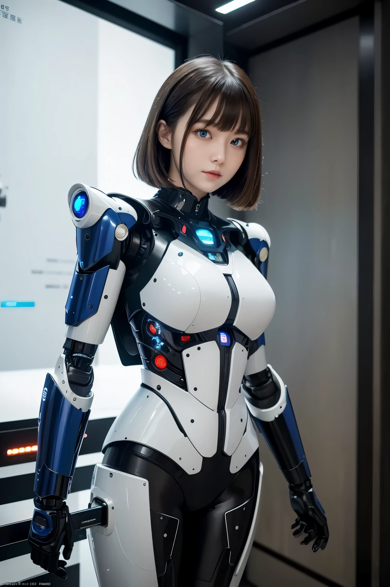 masterpiece, Best Quality, Extremely detailed, 8K portrait,Japaese android girl,Plump , control panels,Robot arms and legs, Blunt bangs,Charging spot,She has charged energy,She is exhibits,museum hall,blue eyes