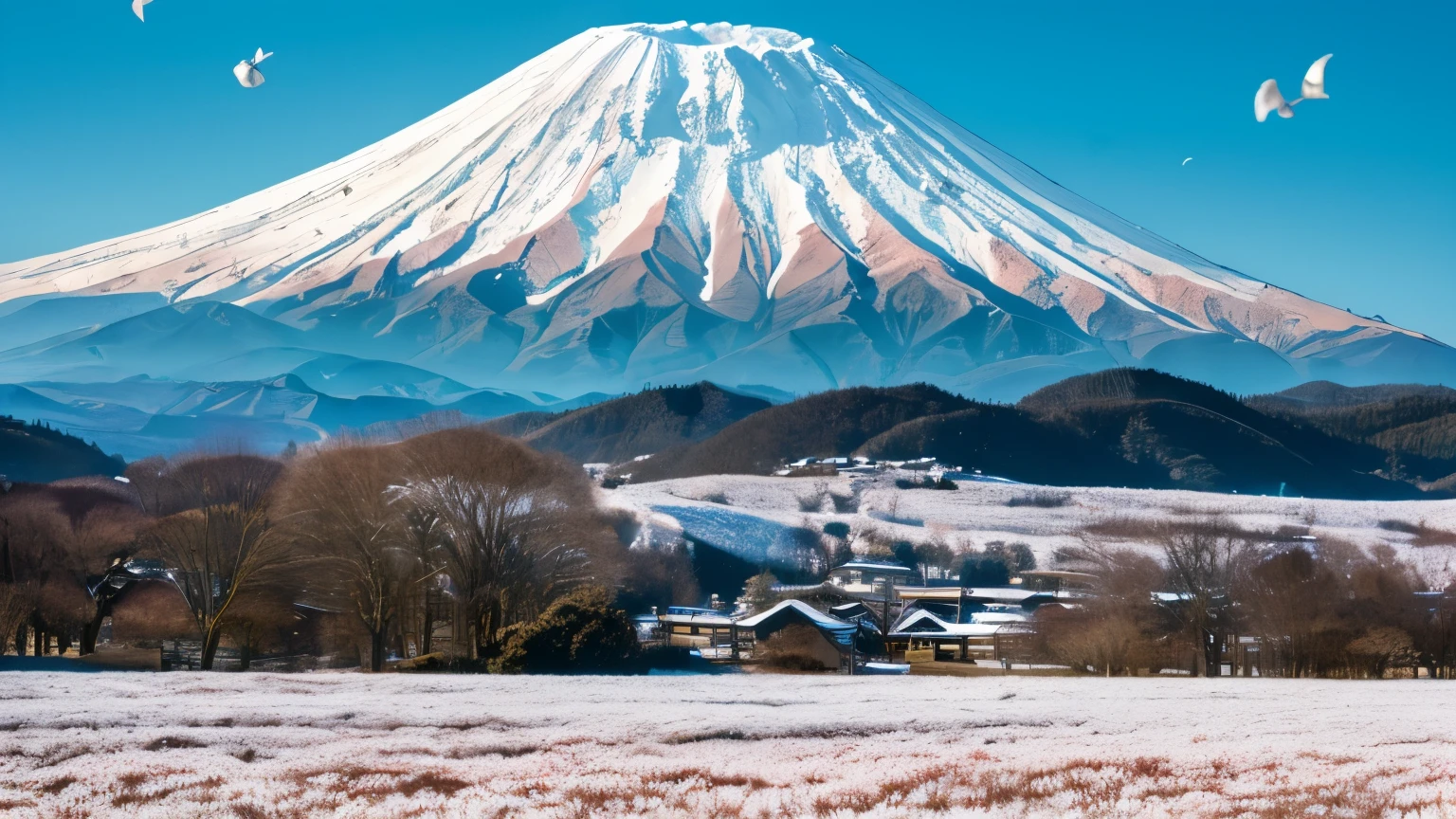 Laurel branches,Shoot at 15 degrees of elevation for medium and close range,petal,Osmanthus flowers are flying,Top Daylight,refreshing style,snowy mountains visible in the distance,Super clear image quality,Mt. Fuji in the distance、Loyal Tower