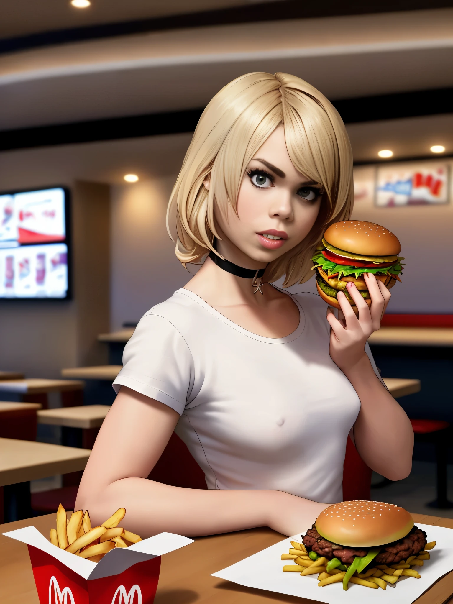 Billie Piper, masterpiece quality, realistic, lots of detail, in a McDonald’s, in a busy fast food restaurant, wearing leather jacket, wearing white t-shirt, (white t-shirt:1.5), wearing blue jeans, wearing choker collar, shirt hair, sexy pose, hamburgers and french fries on table, small breasts, (small breasts:1.3), thin, sitting at table, 