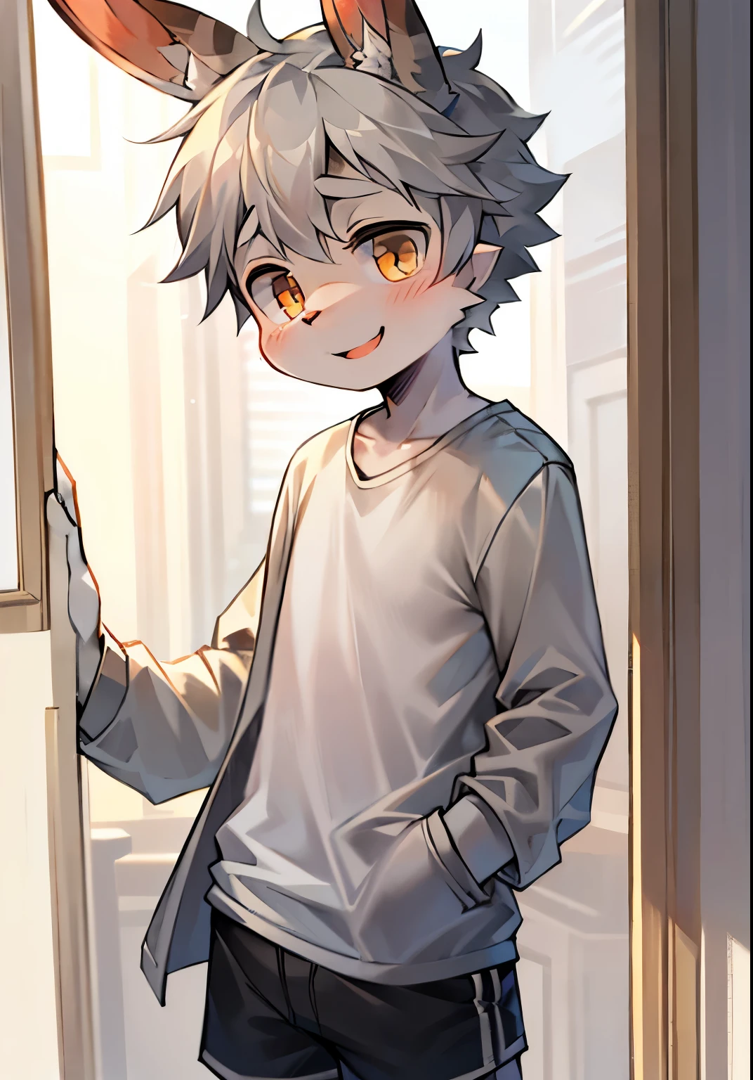 bunny boy，bunny ears，Characteristics of a three-year-old boy，male focus，furry men ，Furry Shota，Bright Eyes，gray hair，One meter six height，T-shirts，coat，shorts，Standing posture，happy
