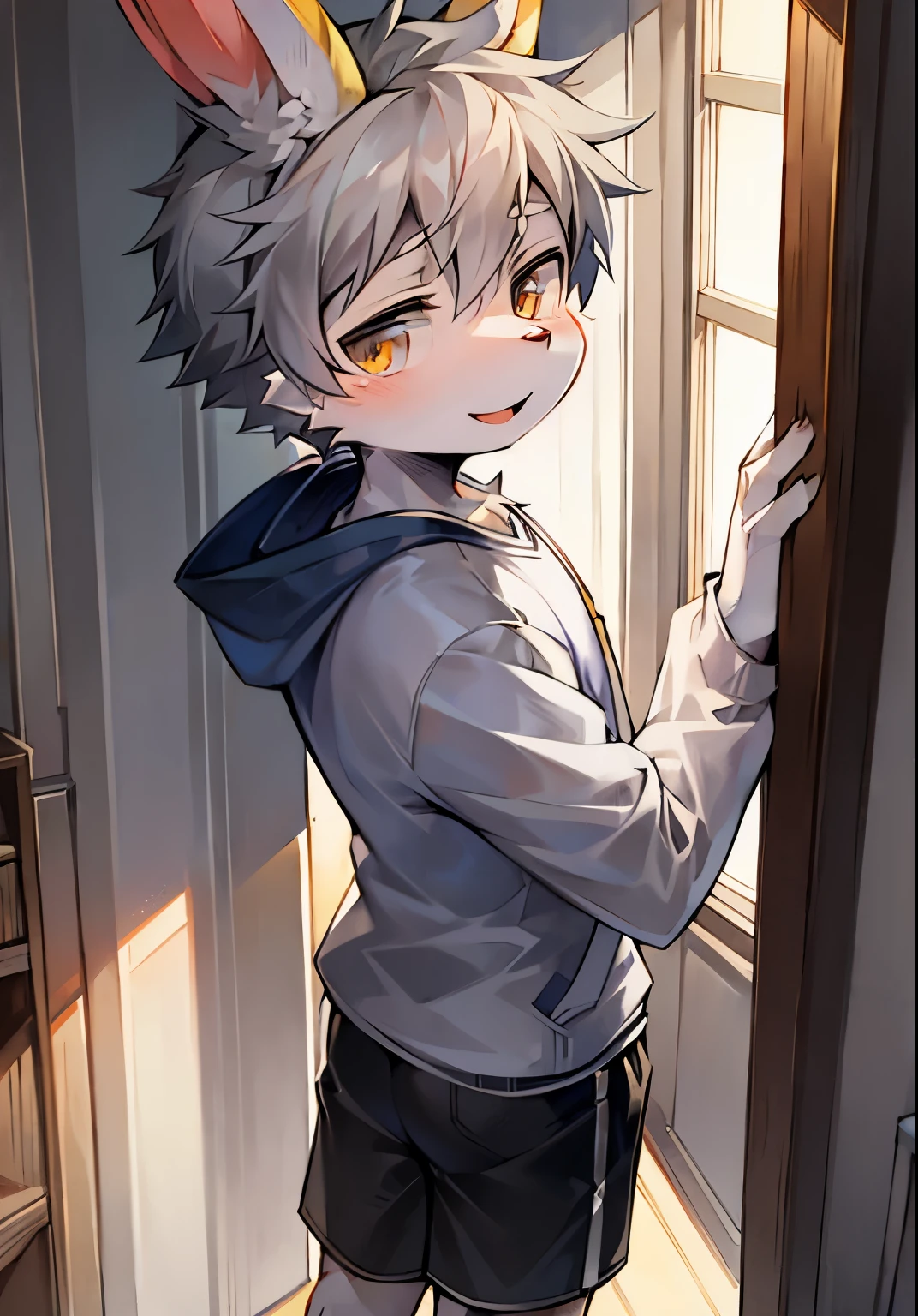 bunny boy，bunny ears，Characteristics of a -year-boy，m focus，furry men ，Furry Shota，Bright Eyes，gray hair，One meter six height，T-shirts，coat，shorts，Standing posture，happy