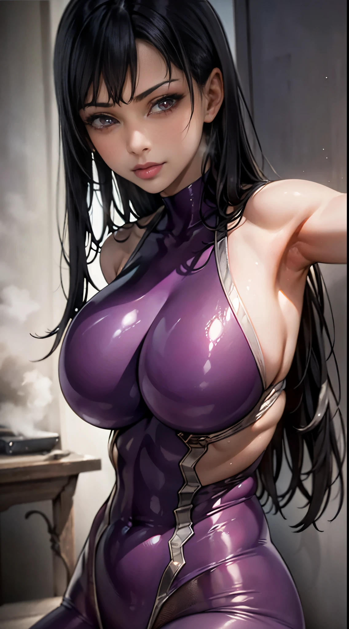  (best quality,4k,8k,highres,masterpiece:1.2),ultra-detailed,(realistic,photorealistic,photo-realistic:1.37),beautiful girl,long straight black hair,fit,

ultra-detailed armpit,beautiful detailed sweat pores,smooth skin texture,meticulously rendered,

(sleeveless purple bodysuit, glowing silver linings), (steamy armpits:1.2), (seductive face:1.2), beautiful red eyes.