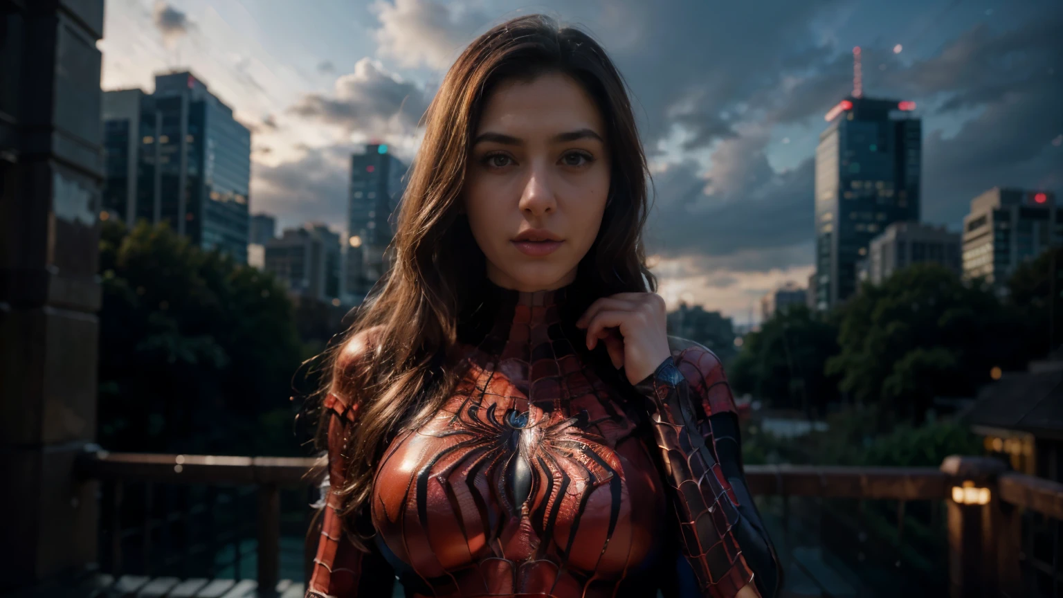 (wearing spiderwoman_cosplay_outfit:1.1), in front of a sky, 
good hand,4k, high-res, masterpiece, best quality, head:1.3,((Hasselblad photography)), finely detailed skin, sharp focus, (cinematic lighting), night, soft lighting, dynamic angle, [:(detailed face:1.2):0.2], medium breasts, outside,