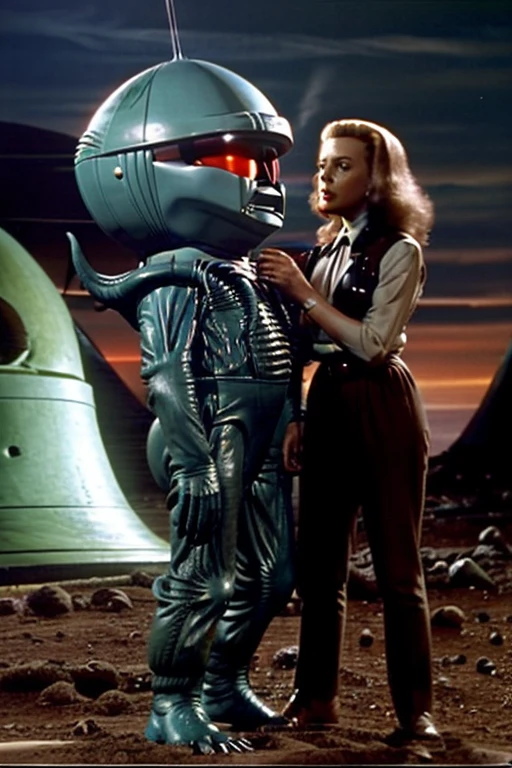 TV image showing a scene from an old science fiction adventure and monsters TV series from the 1950s inserting an alien monster and a very beautiful YOUNG actress in the scene