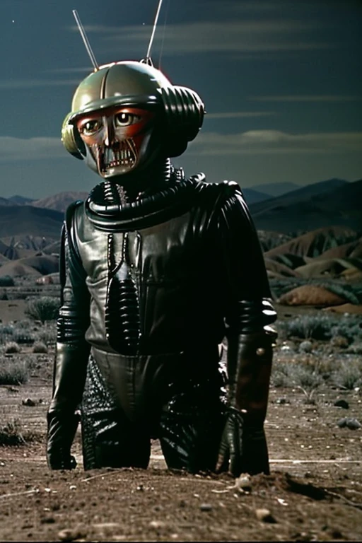 TV image showing a scene from an old science fiction adventure and monsters TV series from the 1950s inserting an alien monster and a very beautiful YOUNG actress in the scene