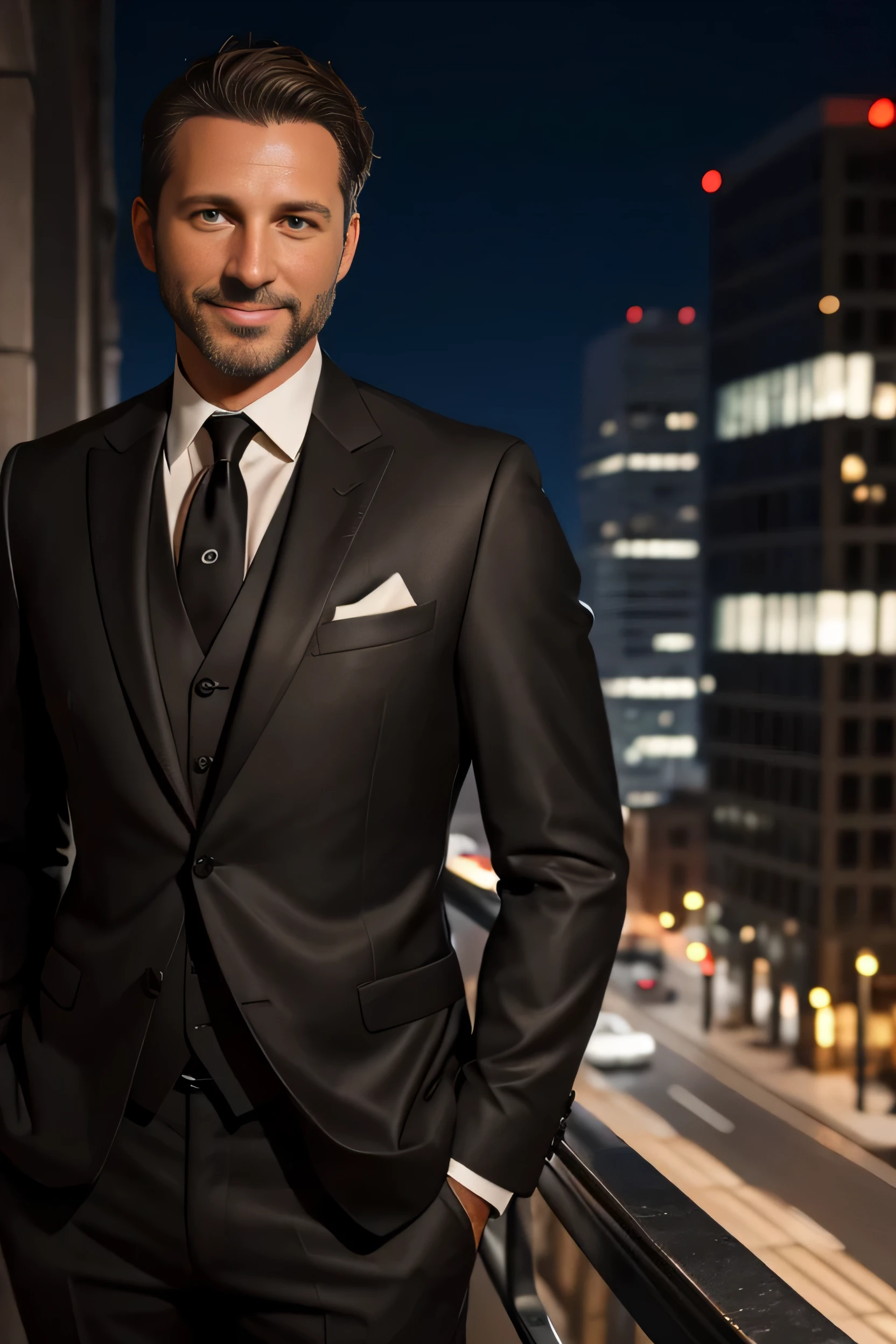 Photo of a 40 year old man. ,Short brown hair and gray suit, corbata negra., retrato, looking directly at the camera, Disparo a la cabeza, usa barba y esta sonriendo, en la ciudad de nueava york en la noche