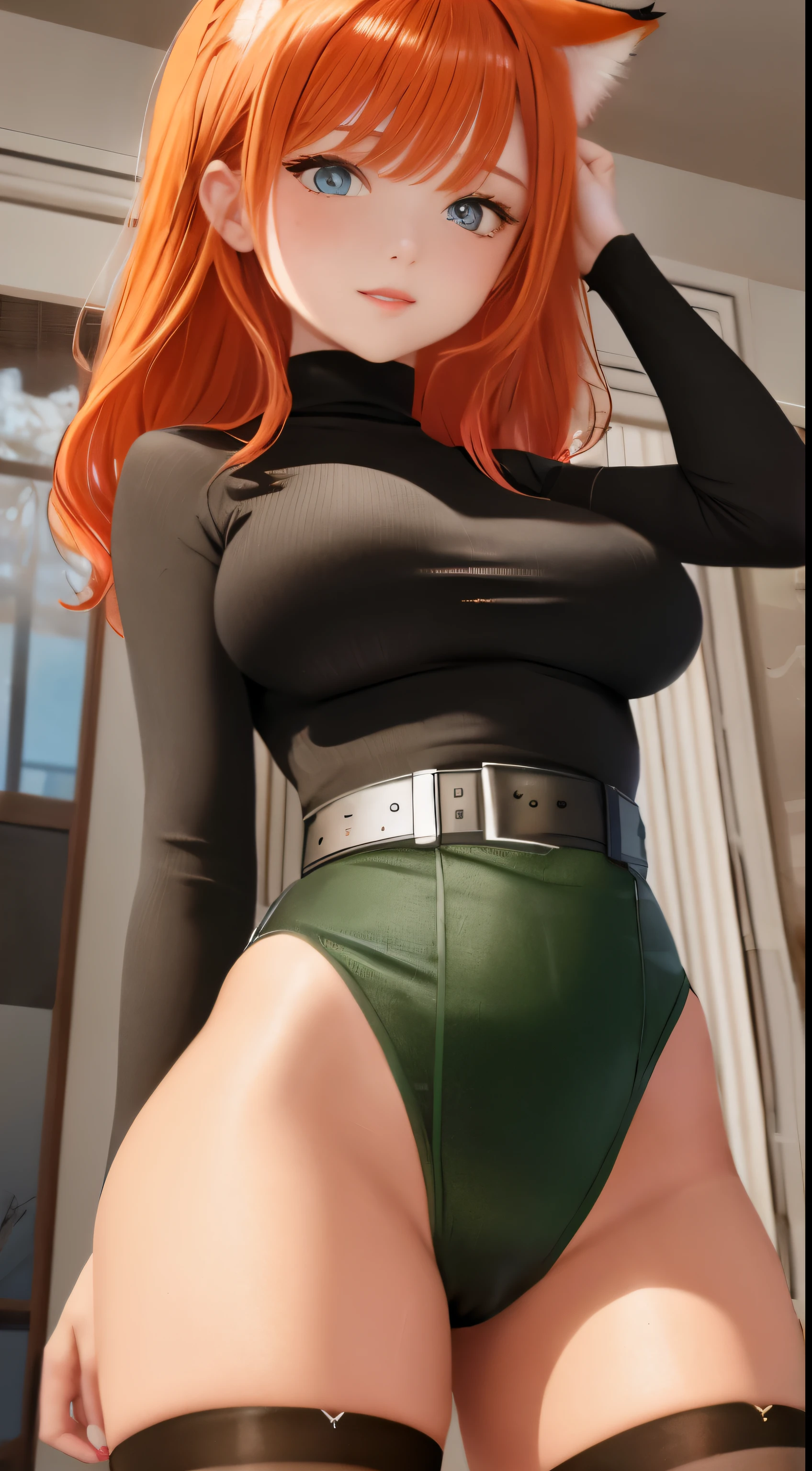 mother, Masterpiece, Best quality, ultra detailed, Beautiful lighting, 1 girl, Orange hair, cat ear, Green eyes, freckles, turtleneck top, I look at the viewer, detailed black stockings with belt, juicy ass

