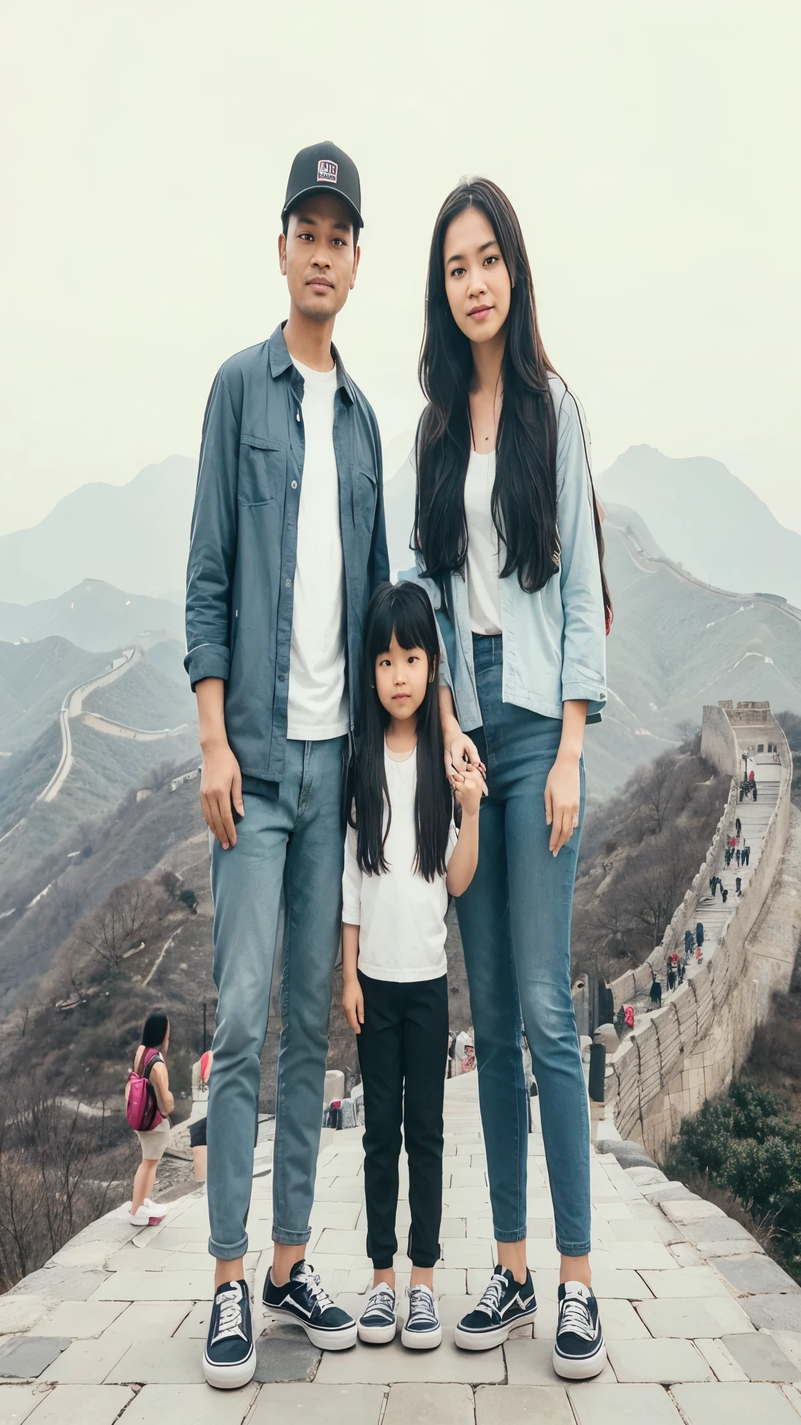 Create a highly detailed and realistic image of an Indonesian family consisting of three people: a 40-year-old husband with a slightly fat body, clean face, wearing a new era cap, a 30-year-old wife with long, wavy black hair, and a 3-year-old daughter. They wearing casual attire and vans shoes. They are enjoying a vacation at the Great Wall of China, with the photo taken from a distance using a drone.