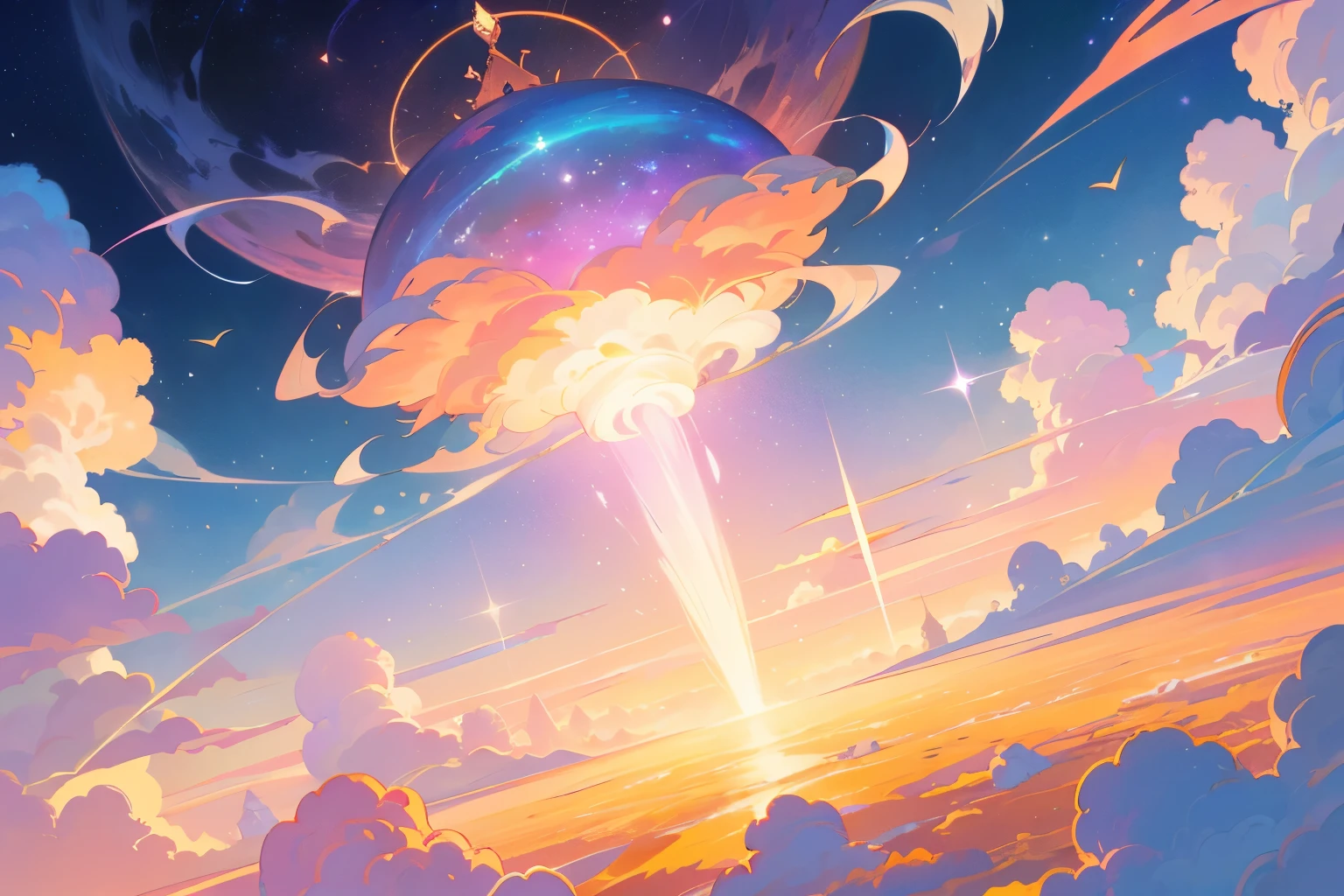(melhor qualidade),(obra de arte),(ultra detalhado),(altamente detalhado),(extremamente detalhado),assunto: Anime Sky Dreamscapes Medium: Digital illustration or traditional painting. resolution: 4000x2000 pixels. paleta de cores: Macio pastel colors with a mix of vibrant hues. Humor: magical, ethereal, e sereno. Composition: Expansive skies with floating islands, nuvens caprichosas, and other dream elements. Lighting: Macio, Diffuse lighting with a cozy atmosphere, brilho dourado. estilo: Inspirado em anime com um toque de fantasia e surrealismo. Detalhes: Include elements such as shooting estrelas, nebulosas coloridas, Nuvens fofas, and mystical creatures. inspiration: Mundos de fantasia de anime, Studio Ghibli Films, arte surreal, e imagens celestes. Camera Setup: Nenhum (since it is a digital illustration). Notas Adicionais: Emphasize the vastness and beauty of the sky by creating a sense of depth and space. Experiment with various cloud formations and shapes, ranging from fluffy cumulus clouds to thin cirrus clouds. Incorpore elementos celestes como luas, estrelas, and galaxies to enhance the dreamy atmosphere. Use soft brush strokes and blending techniques to create a seamless and ethereal look. Play with lighting effects, como raios suaves de luz solar ou orbes brilhantes, para adicionar um toque magical. Considere adicionar criaturas extravagantes, like flying dragons or floating jellyfish, to bring a sense of wonder to the scene. Don't be afraid to let your imagination soar and create a dreamlike world that captures the essence of anime fantasy.