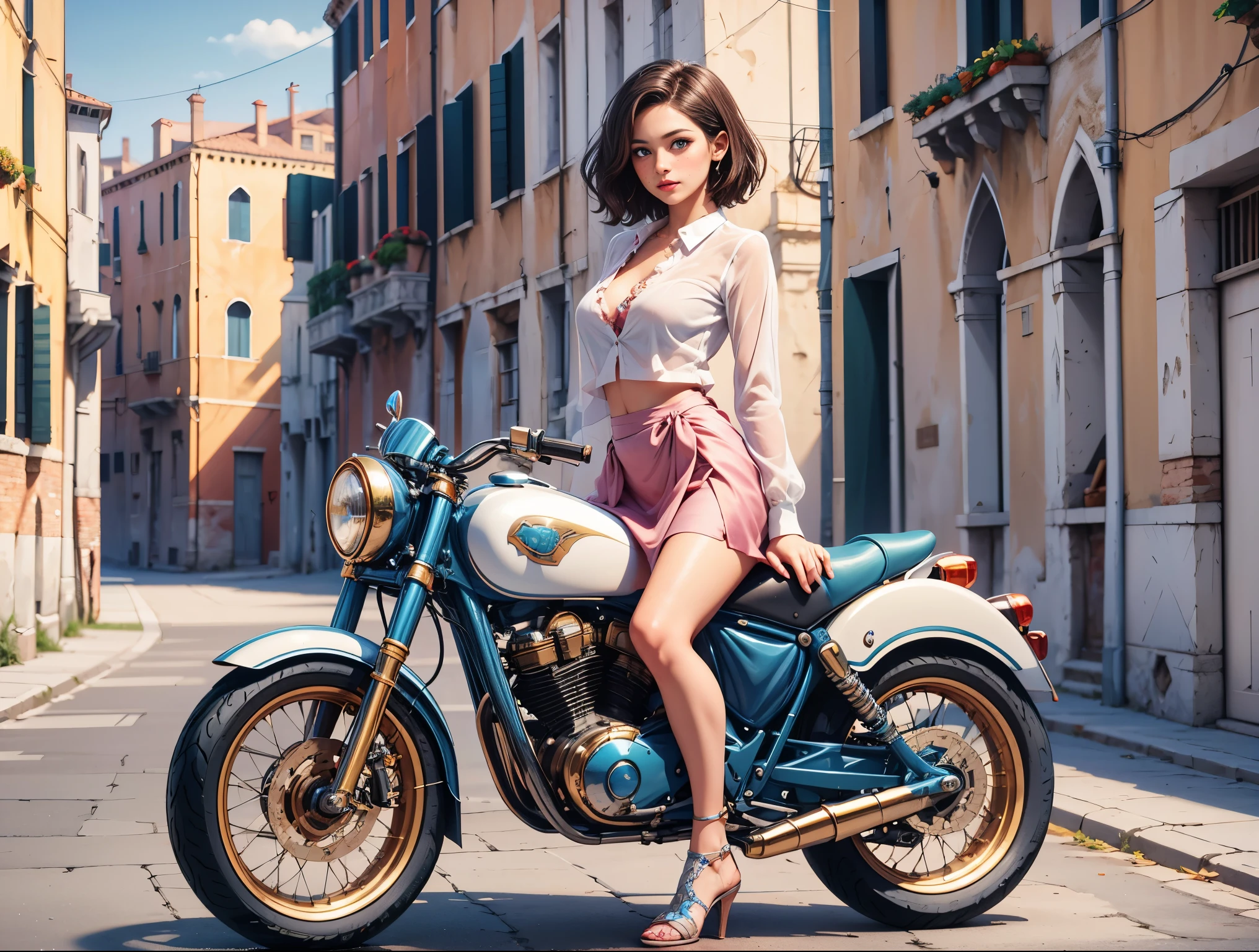 (((realistic))), (a girl stand front a vintage motocycle:1.65), girl focus, ((see through white frilly shirt:1.3), (full shot), (pink maxi satin skirt:1.3), nudity, (sweaty)), (flashing panty:1.2), 25 years old, (beautiful puffy clouds, sunset sky), (dusk, venice alley background:1.5), (, slim, thin body, puffy nipple:1.3), (photography, realistic, bokeh, blur), ((wavy short bob cut)), (cenimatic lights, soft lights:1.3)