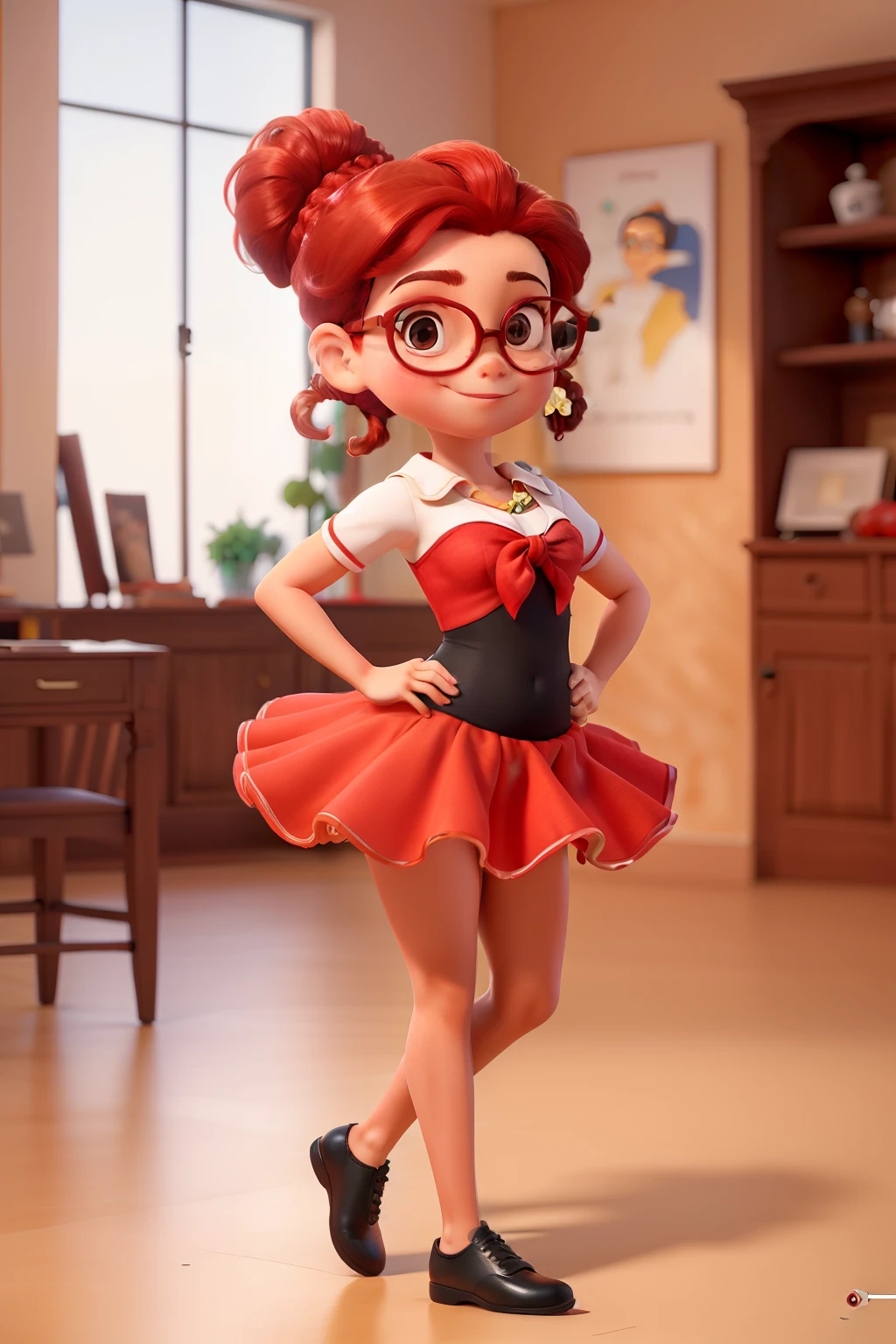 obra de arte, melhor qualidade, bailarina com tutu vermelho, with red hair tied in a bun and black glasses