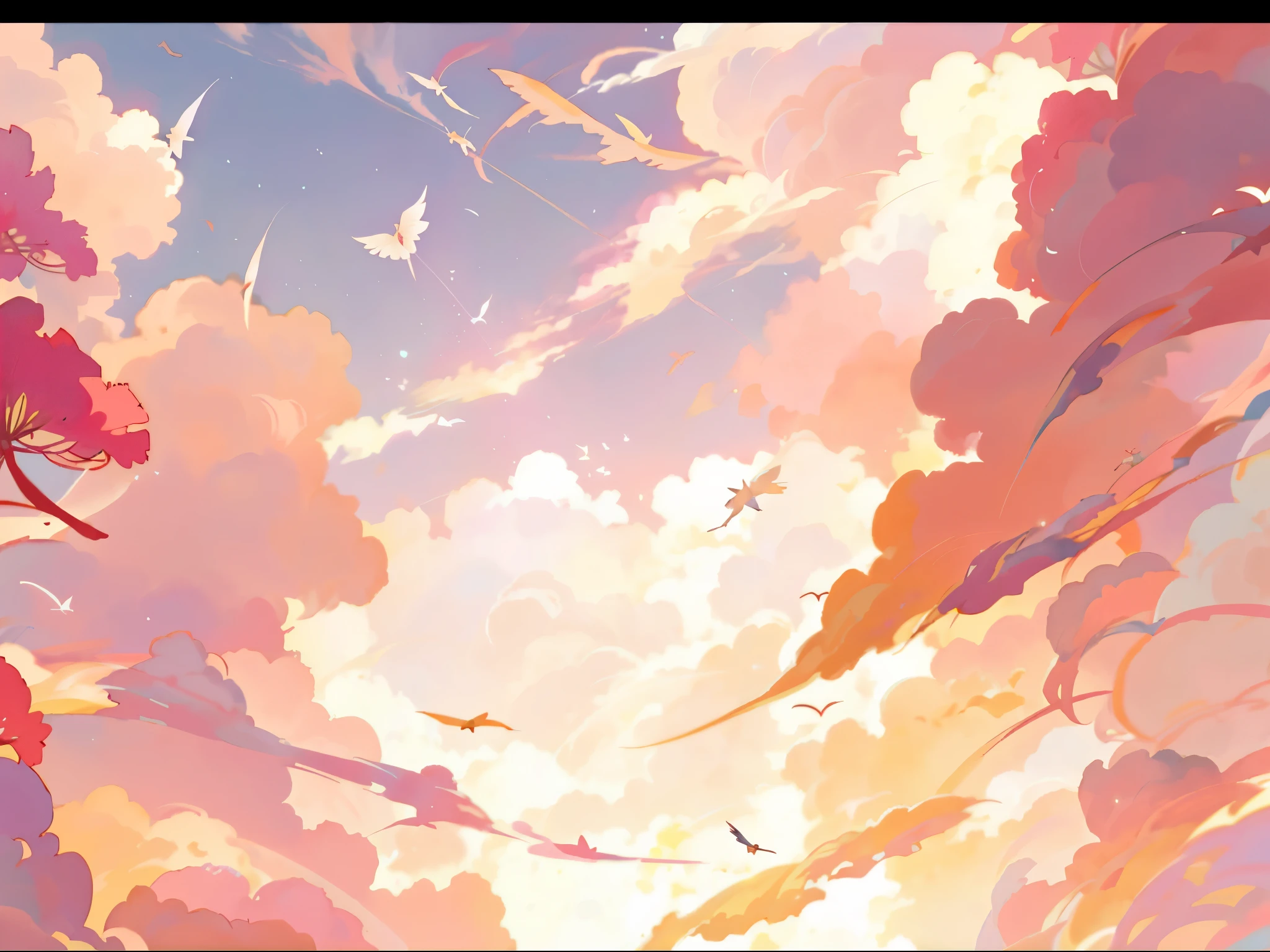 Anime - Beautiful sky with a flock of birds flying in the sky style scene, nuvens fofas de anime rosa, nuvem de anime, Anime heaven, lindas cenas de anime, anime linda cena de paz, lindas nuvens fofas. anime peito grande, fundos de anime, dreamy psychedelic anime, Cosmos Sky. por Makoto Shinkai, arte de fundo de anime, beautiful anime scenery