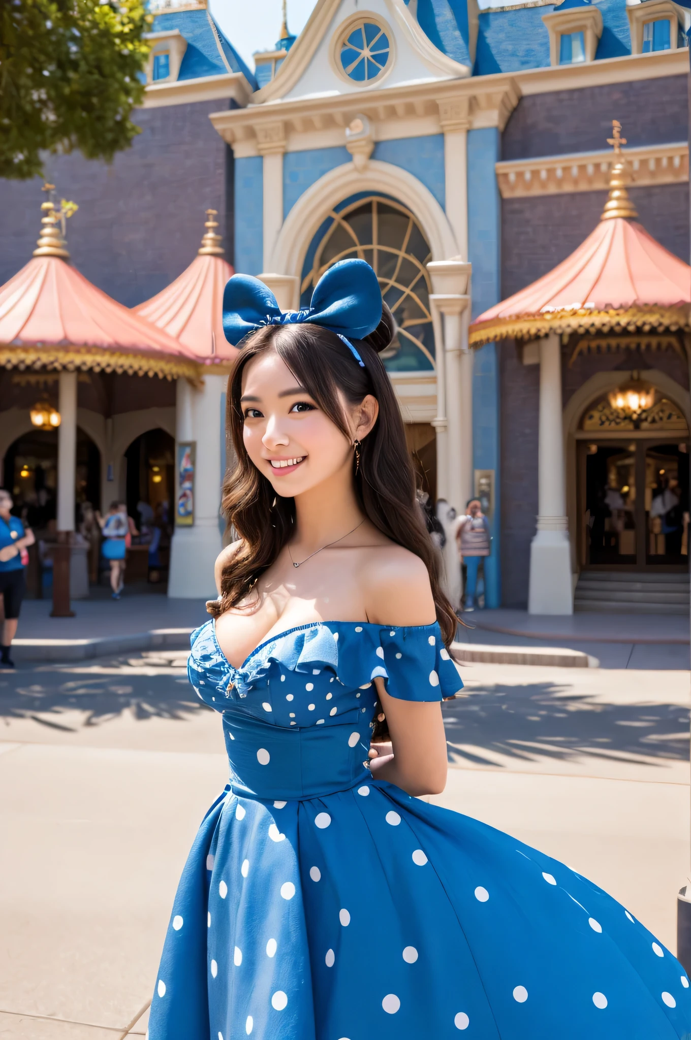 A cute woman (age 25, sexy Disney outfit), wandering around Disney Land, playful poses. Fond of turning her butt to viewer. daytime