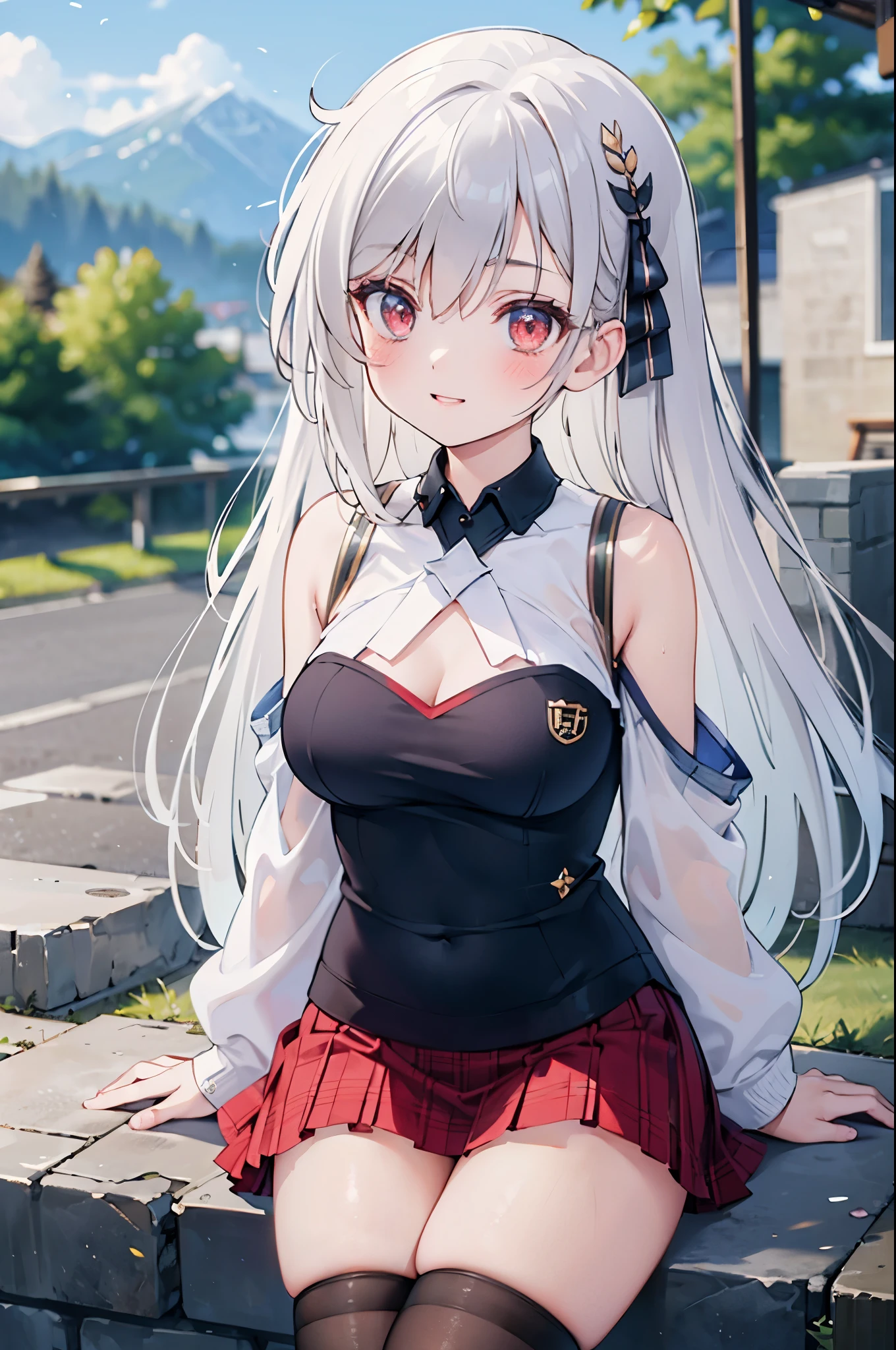 realistic image, coherent image, detailed image, 1 beautiful girl. She has silver hair, long hair, red eyes, long eyelashes. Her face is oval and delicate, smiling. She is wearing a long-sleeved, shoulder-baring, off-shoulder top, plaid pleated mini skirt, sneakers, and mid-thigh stockings. She has a curvy body, medium breasts, thick thighs, background of a mountainous landscape, surrounded by mountains, natural lighting, volumetric lighting