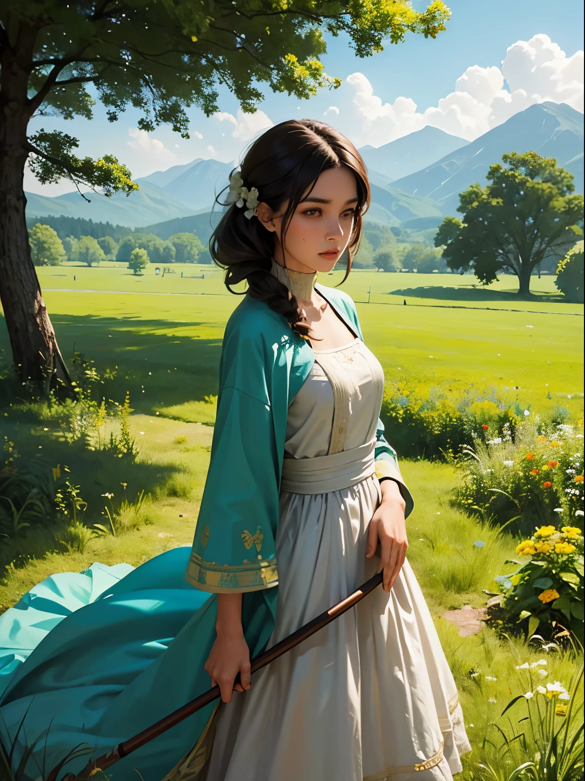 In a green meadow stands a Indian girl leading a group of knights.
BREAK
With a brave expression, she guides them towards their destination.
BREAK
Behind her, a green forest stretches out and beyond that, mountains rise in the distance.
BREAK
The most suitable effect for this scene would be a watercolor painting technique to capture the softness of the meadow and the fluidity of the movement.