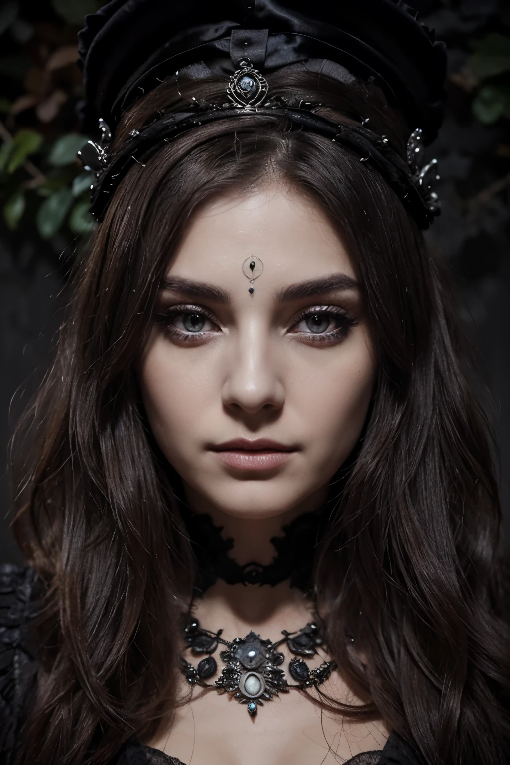 a woman with a crown on her head and a face covered with leaves, visage gothique, beau mec. fantaisie sombre, visage de fille gothique, Dark Fantasy mixed with realism, fantaisie gothique, art fantastique gothique, Beautiful necromancer, beautiful elegant demon queen, art sombre fantastique, beau visage complexe, detailed matte fantasy portrait, visage pointu et yeux gris, yeux complexes