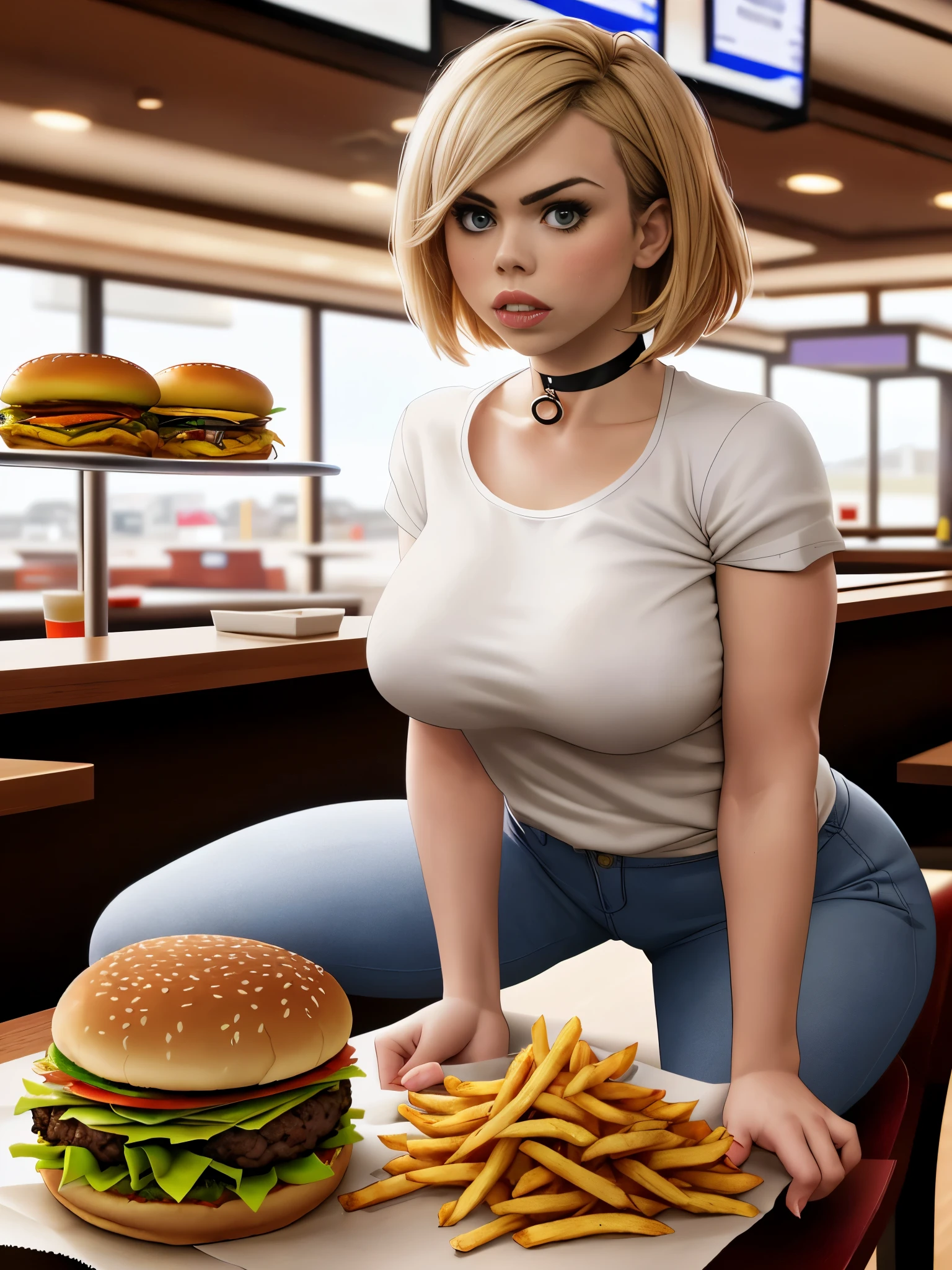Billie Piper, masterpiece quality, realistic, lots of detail, in a McDonald’s, in a busy fast food restaurant, wearing leather jacket, wearing white t-shirt, (white t-shirt:1.5), wearing blue jeans, wearing choker collar, shirt hair, sexy pose, hamburgers and french fries on table, average breasts, (average breasts:1.1), thin, sitting at table, 