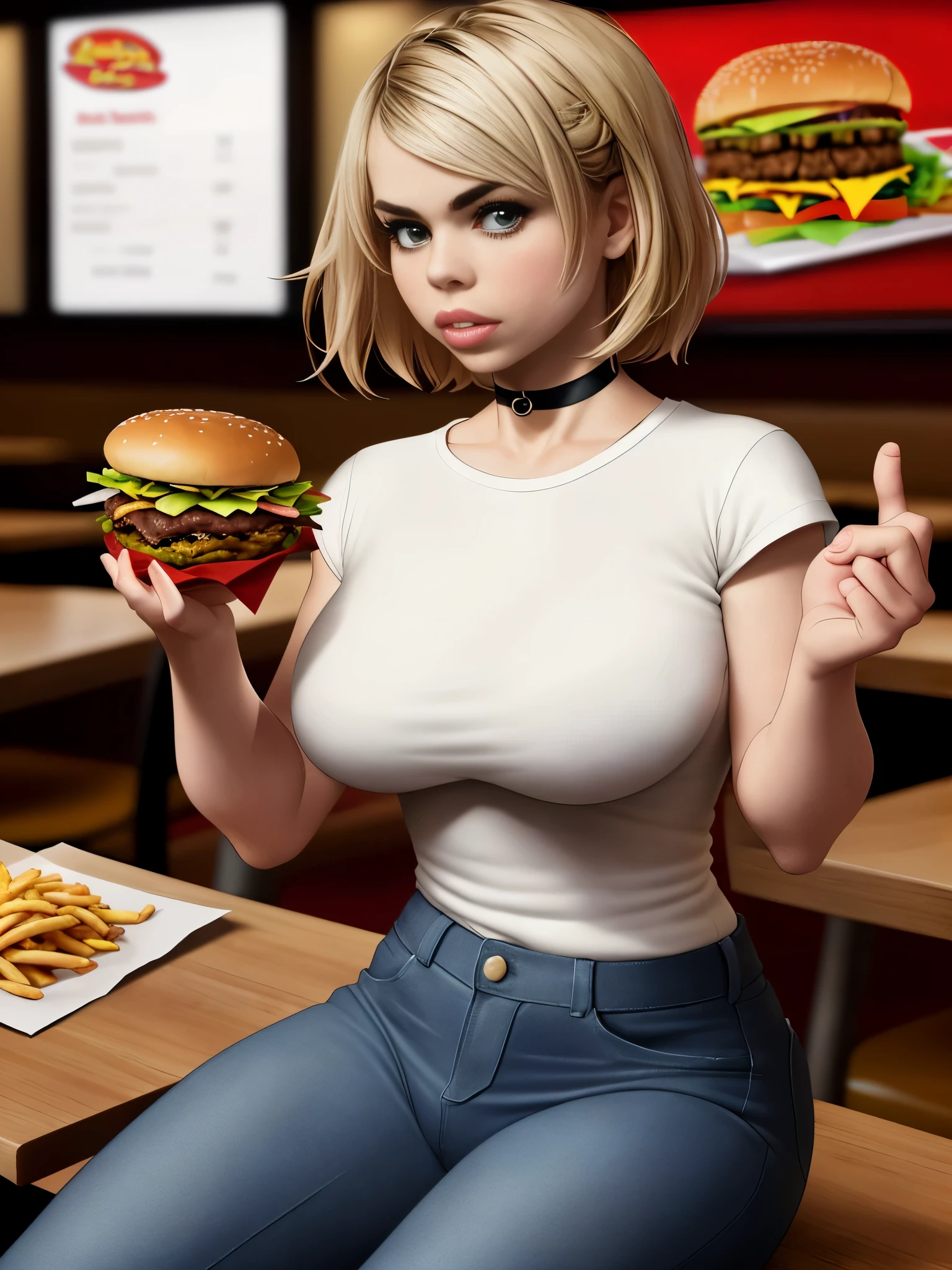Billie Piper, masterpiece quality, realistic, lots of detail, in a McDonald’s, in a busy fast food restaurant, wearing leather jacket, wearing white t-shirt, (white t-shirt:1.5), wearing blue jeans, wearing choker collar, shirt hair, sexy pose, hamburgers and french fries on table, average breasts, (average breasts:1.1), thin, sitting at table, 