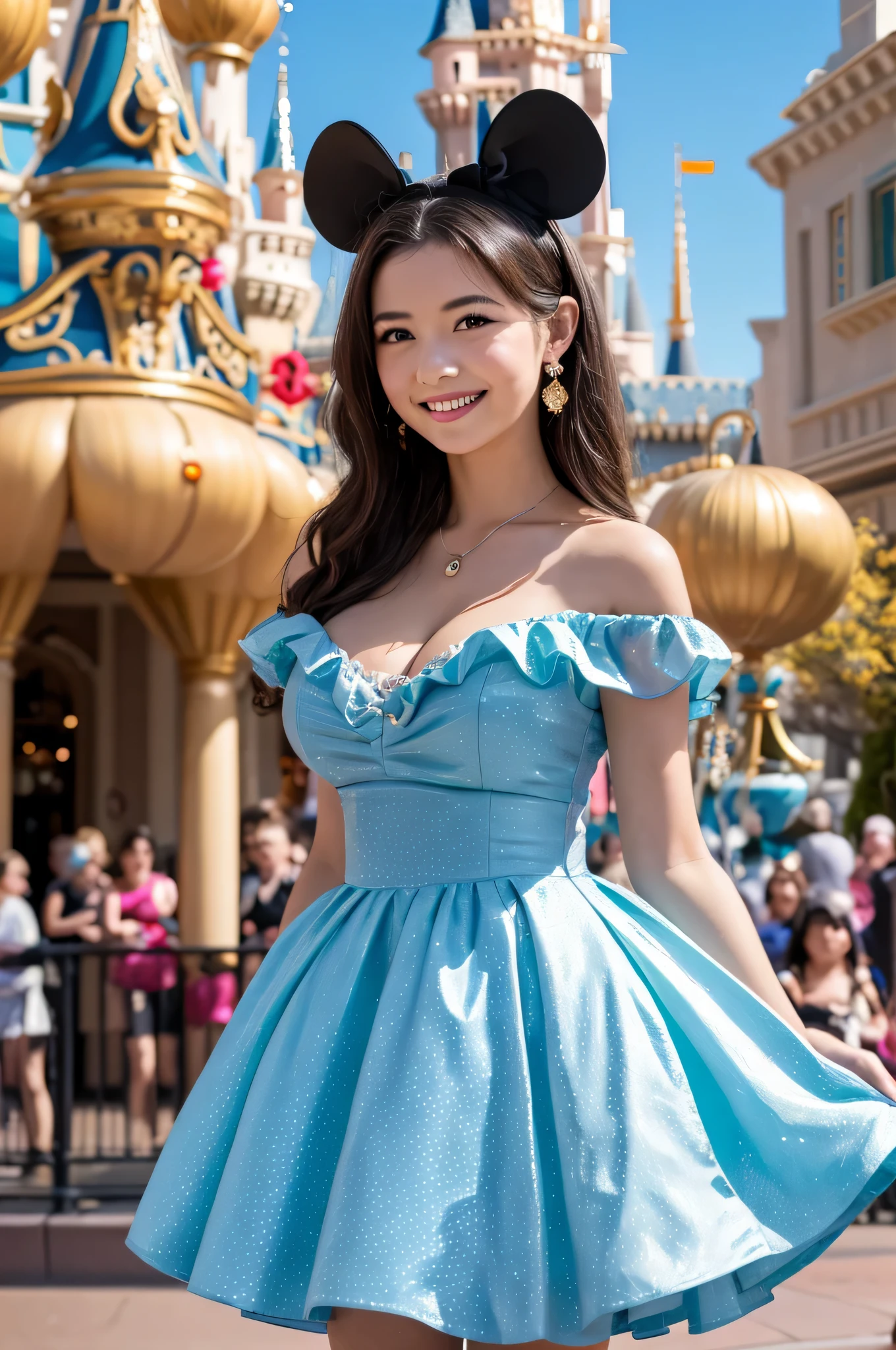 1 girl, excellence, best, wonderful face and eyes, (big round eyes:1.1), (Highly detailed beautiful face), highest quality, RAW photo, Photoreal, very detailed and beautiful, Smile, professional photos, cinematic lighting, Disneyland, Minnie red polka dot dress costume, ruffle costume, off shoulder, beautiful breasts, cleavage, Disneyland ornament, disney show parade, Day, colorful, Cinderella Castle, (view from below)