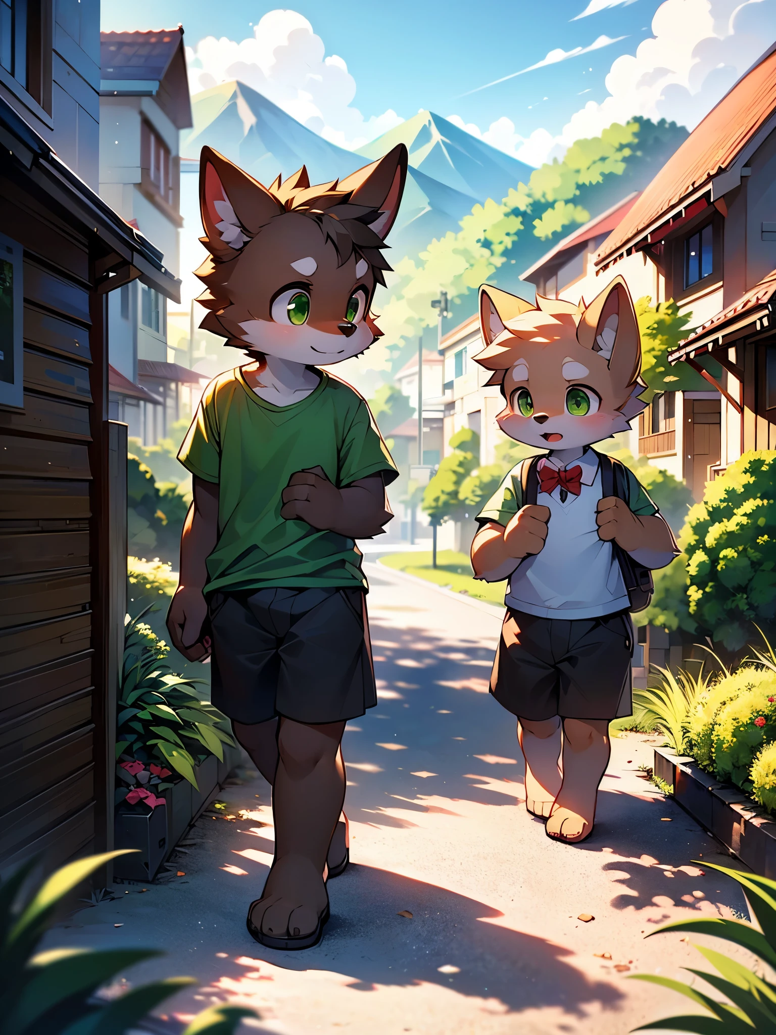A dog, (()), cute, light brown fur, big green eyes, (green T-shirt), brown shorts, red bow tie, with a schoolbag, walking on the street, surrounded by mountains, at noon, white clouds, bright sunshine, brilliant light and shadow, fine facial depiction, correct hand depiction, accurate detail depiction, 4K ultra clear