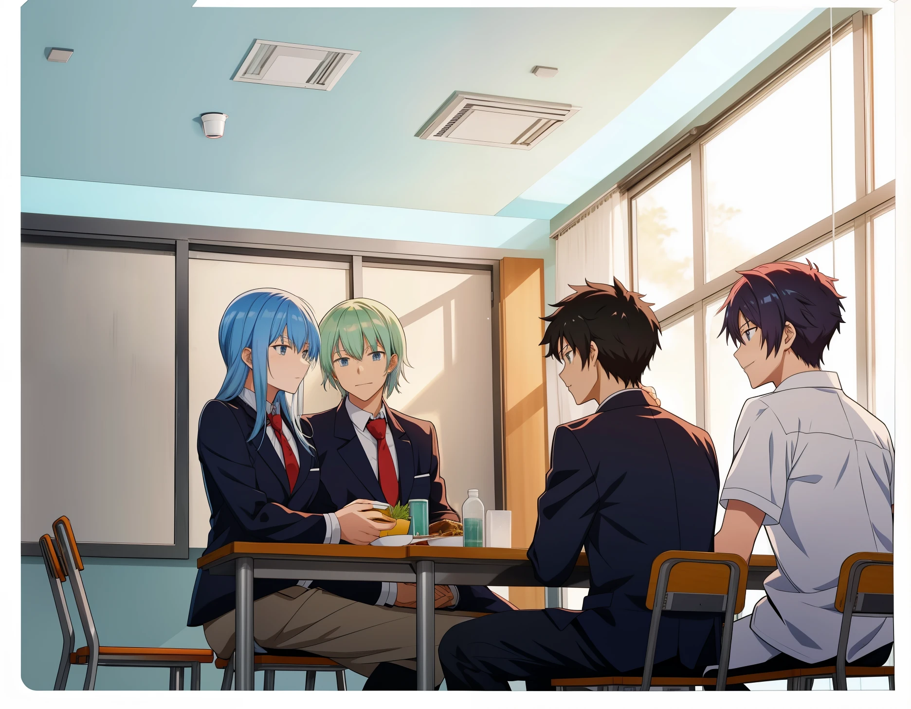 anime scene there are 4 16 year old boys in school uniform sitting sharing dinner
