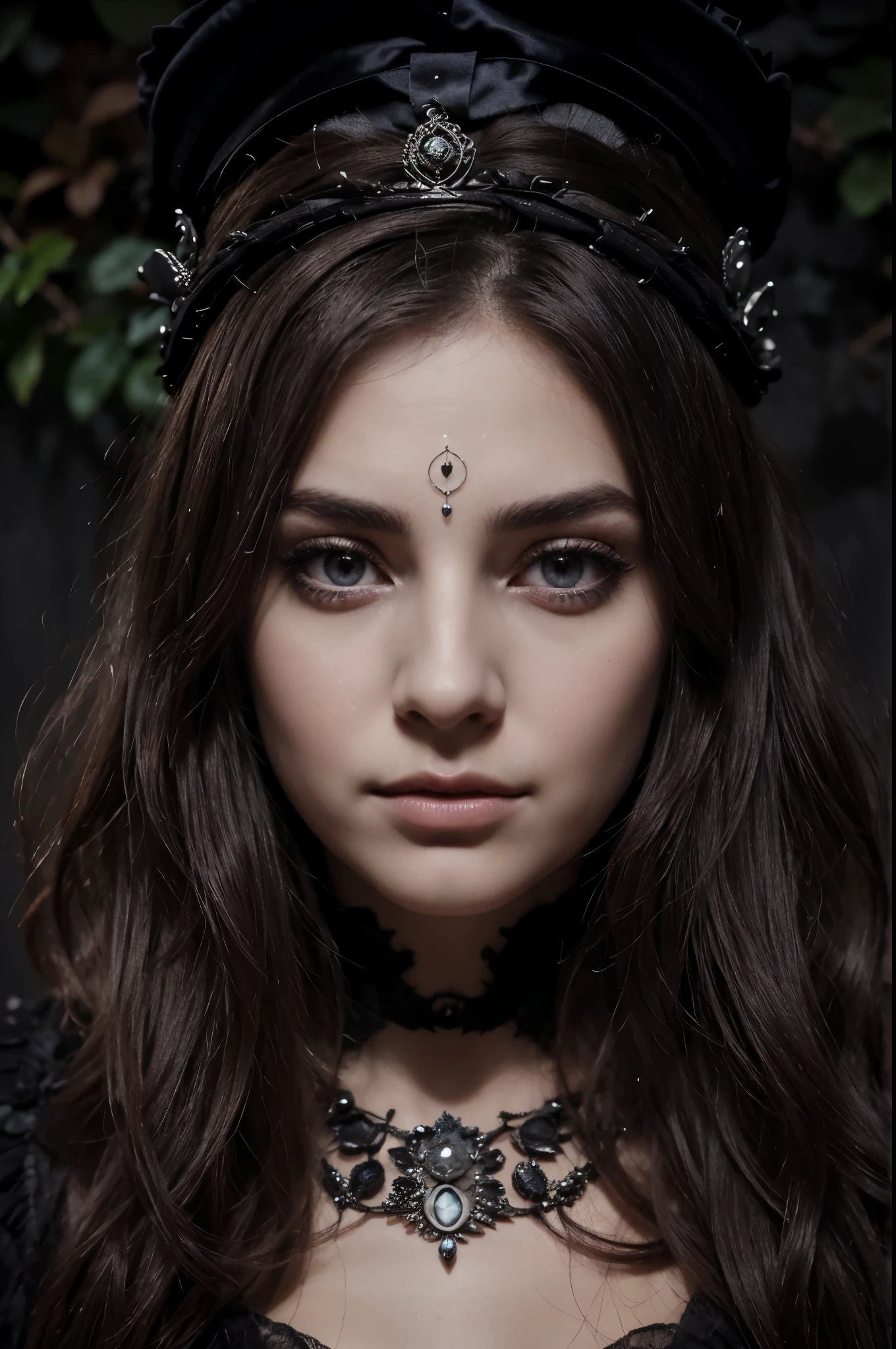 a woman with a crown on her head and a face covered with leaves, visage gothique, beau mec. fantaisie sombre, visage de fille gothique, Dark Fantasy mixed with realism, fantaisie gothique, art fantastique gothique, Beautiful necromancer, beautiful elegant demon queen, art sombre fantastique, beau visage complexe, detailed matte fantasy portrait, visage pointu et yeux gris, yeux complexes