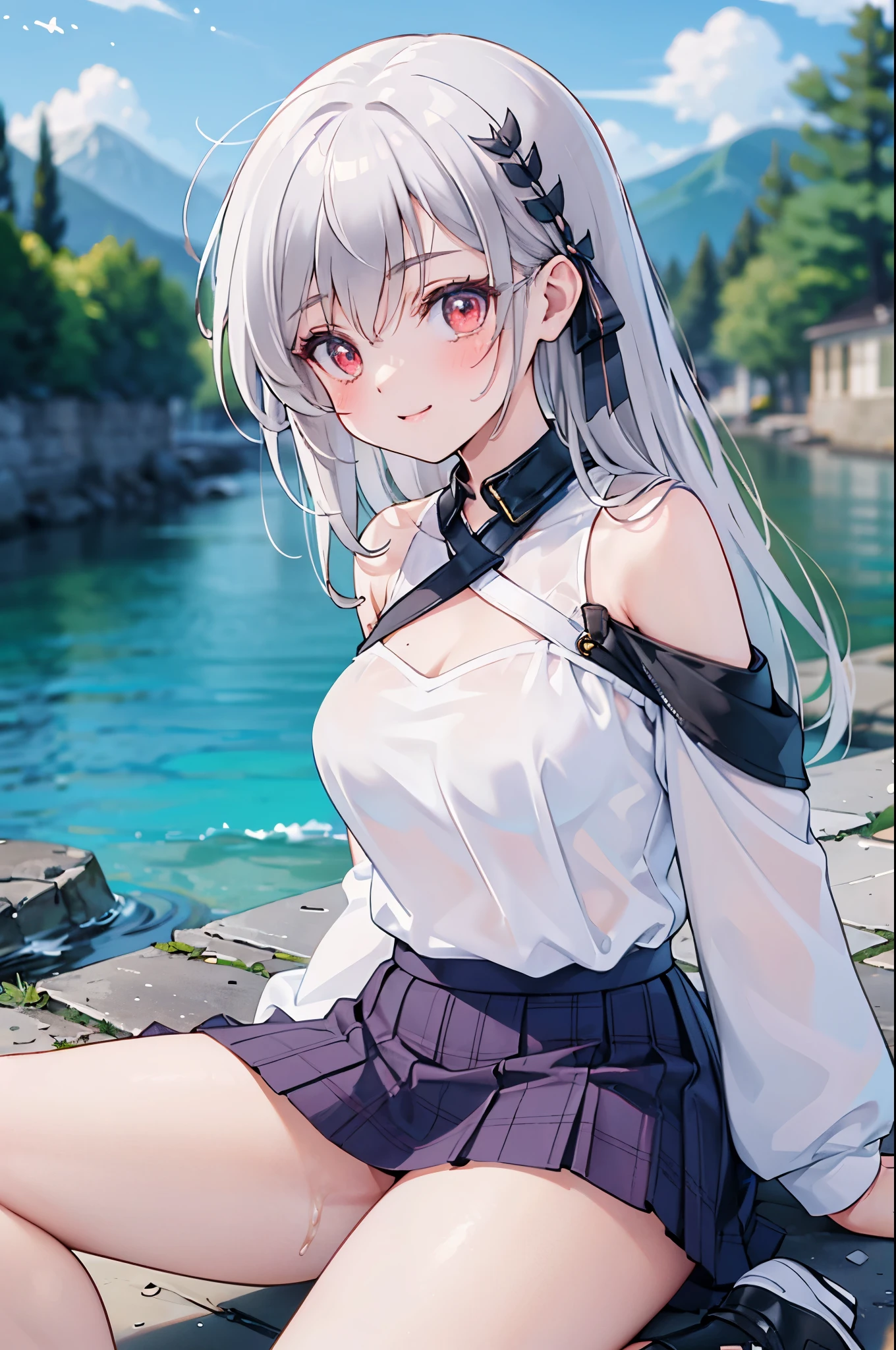 realistic image, coherent image, detailed image, 1 beautiful girl. She has silver hair, long hair, red eyes, long eyelashes. Her face is oval and delicate, smiling. She is wearing a long-sleeved, shoulder-baring, off-shoulder top, plaid pleated mini skirt, sneakers, and mid-thigh stockings. She has a curvy body, medium breasts, thick thighs, background of a mountainous landscape, surrounded by mountains, natural lighting, volumetric lighting