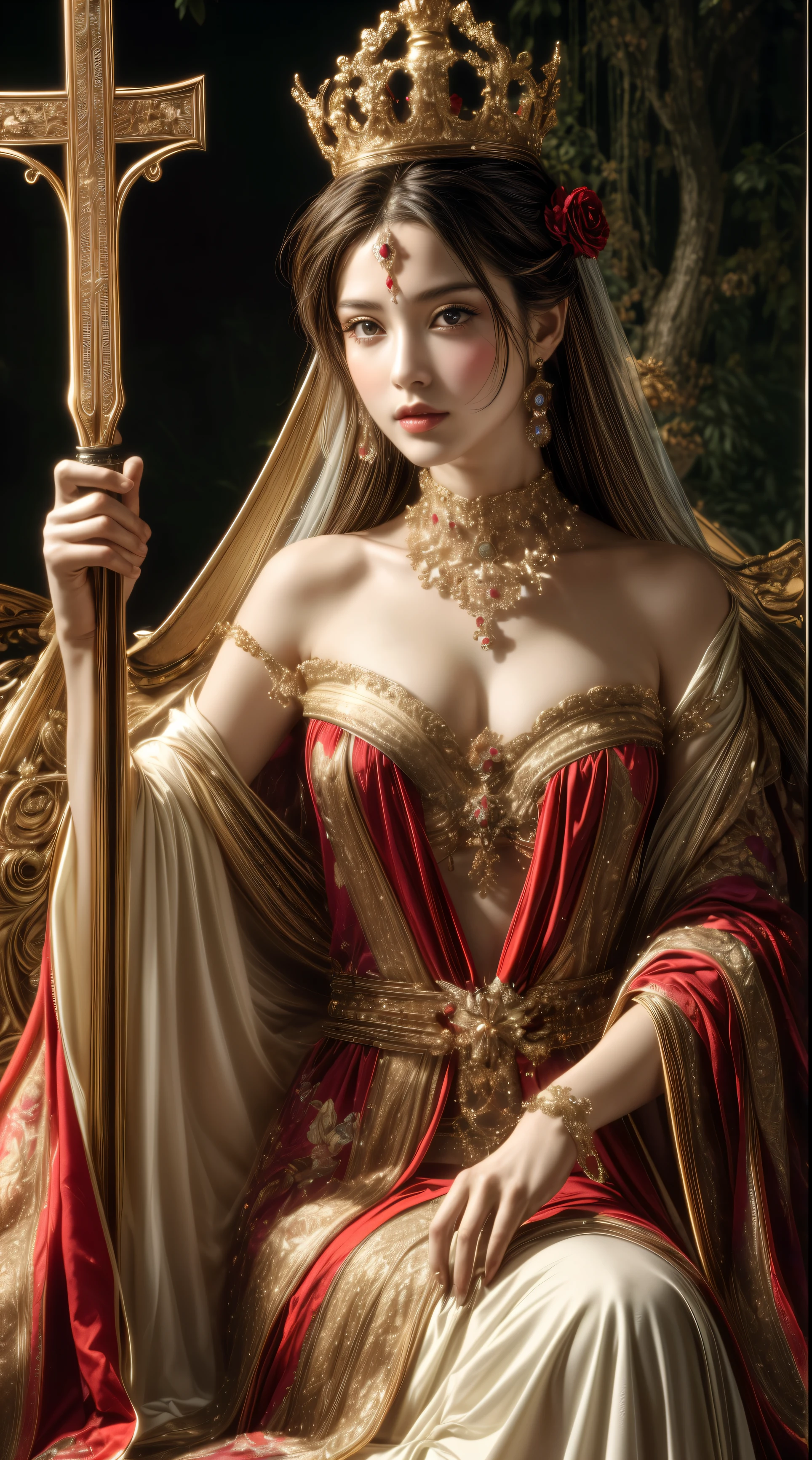 (Masterpiece, Masterpiece), ((Tarot Card)), Cards, , feMale Emperor, Crown, Sword, Sitting on a Throne, Serious Expression, Delicate Facial Features 8K, Intricate Details, (Digital Works of Art) high saturation