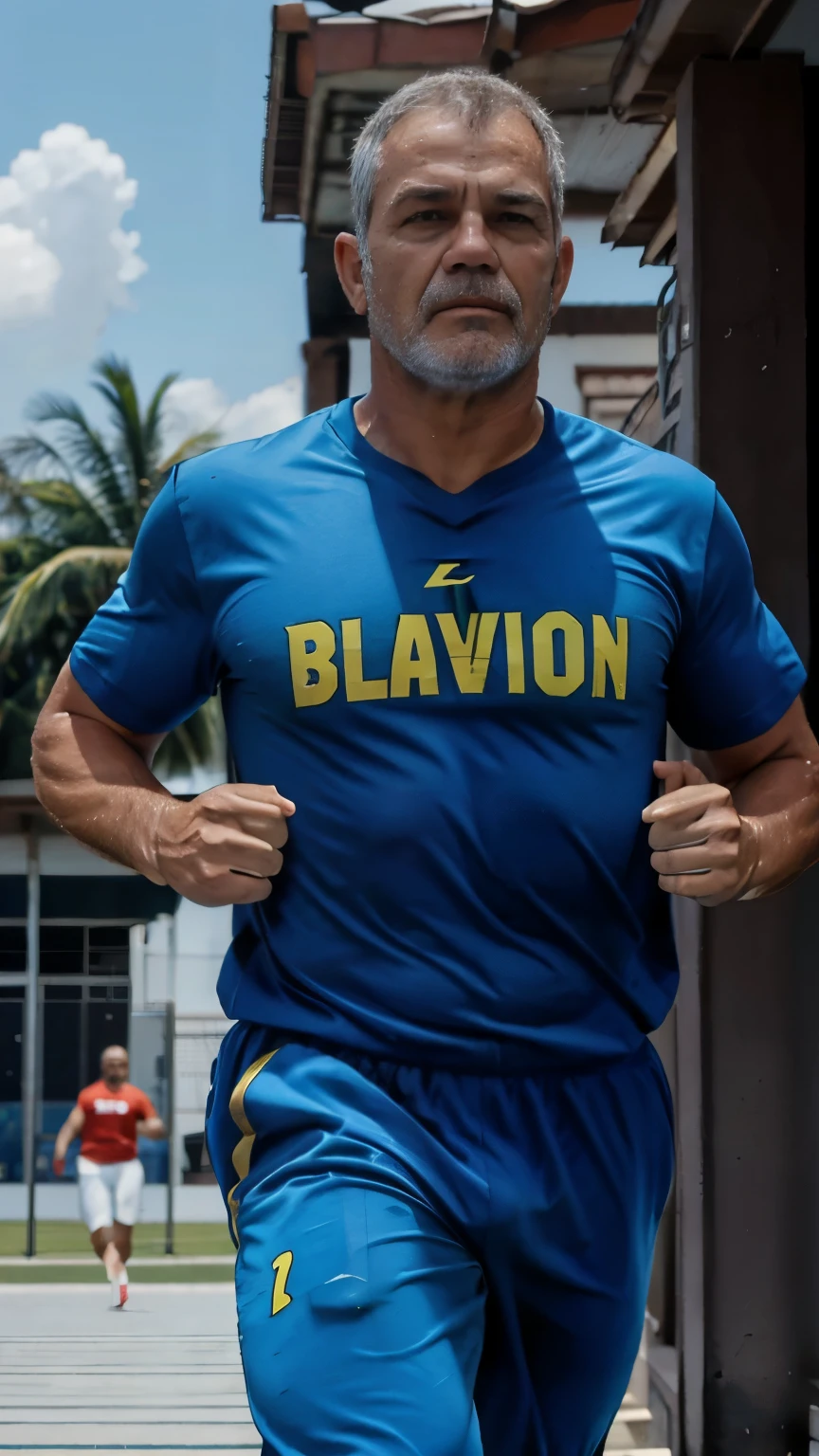 DClark, homem, 20 anos, blue sweatpants, Brazilian National Team Shirt, perpendicular vision, running exercise, pista de atletismo, high resolution, High definition, cores frias, high resolution