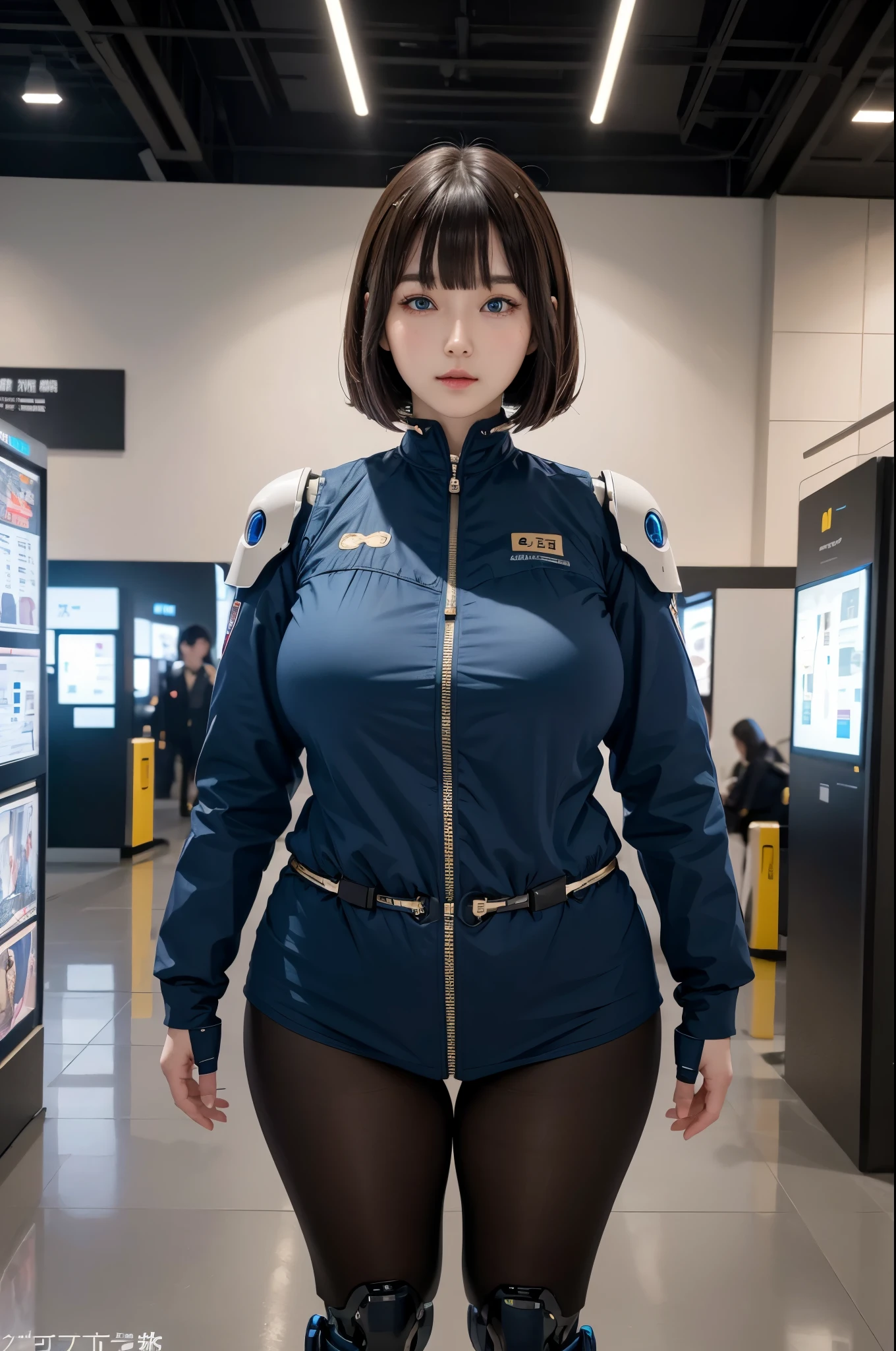 masterpiece, Best Quality, Extremely detailed, 8K portrait,Japaese android girl,Plump , control panels,Robot arms and legs, Blunt bangs,Charging spot,She has charged energy,She is exhibits,museum hall,blue eyes