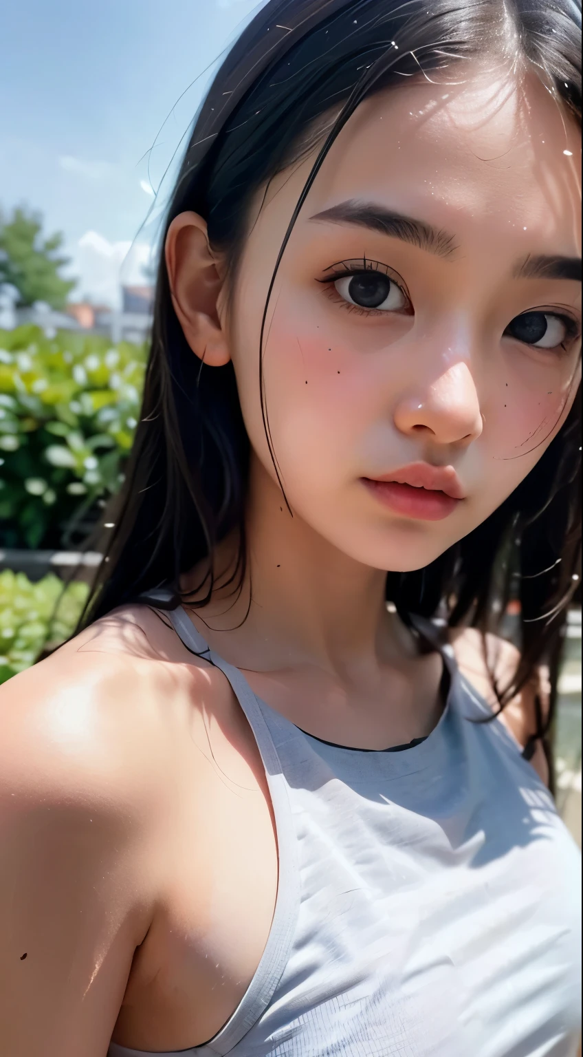 Highest quality, RAW Photos, Realistic, face, Incredibly beautiful girl, cute, Long Hair,ponytail，Written boundary depth, High resolution, 超detailed, detailed, Very detaileded, extremely detaileded eye and face, Sharp pupils, Realistic students, Sharp focus, Cinema Lighting, flat breasts, small breasts, small,( small bust: 1.2), small bust, (slim, small, flat, small), thin, Delicate and sexy collarbone, (White shirt:1.2), (Lifting ワイシャツ to show off a small white bra:1.5)))，((Whole Body Ezbian))，