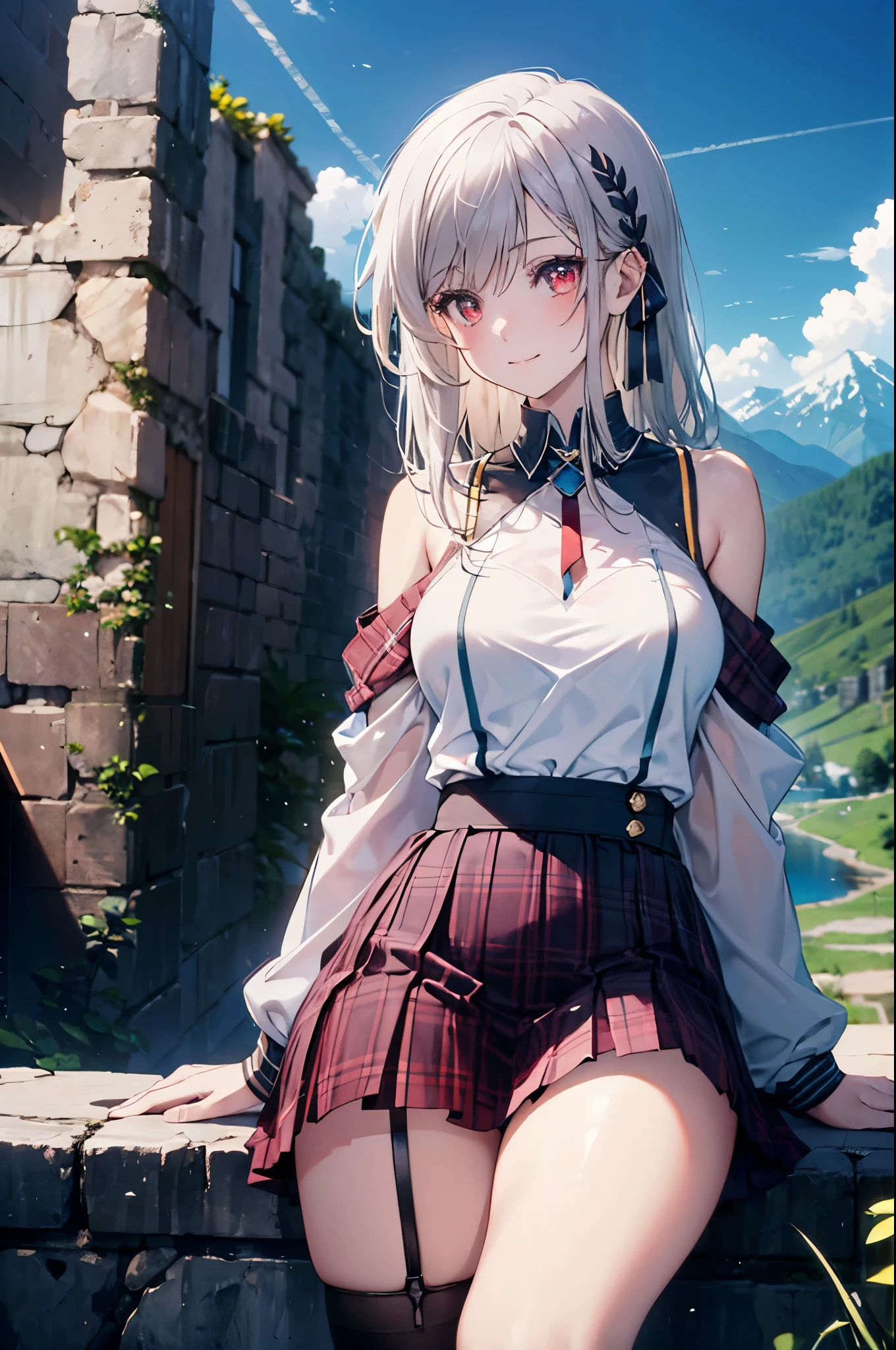 realistic image, coherent image, detailed image, 1 beautiful girl. She has silver hair, long hair, red eyes, long eyelashes. Her face is oval and delicate, smiling. She is wearing a long-sleeved, shoulder-baring, off-shoulder top, plaid pleated mini skirt, sneakers, and mid-thigh stockings. She has a curvy body, medium breasts, thick thighs, background of a mountainous landscape, surrounded by mountains, natural lighting, volumetric lighting