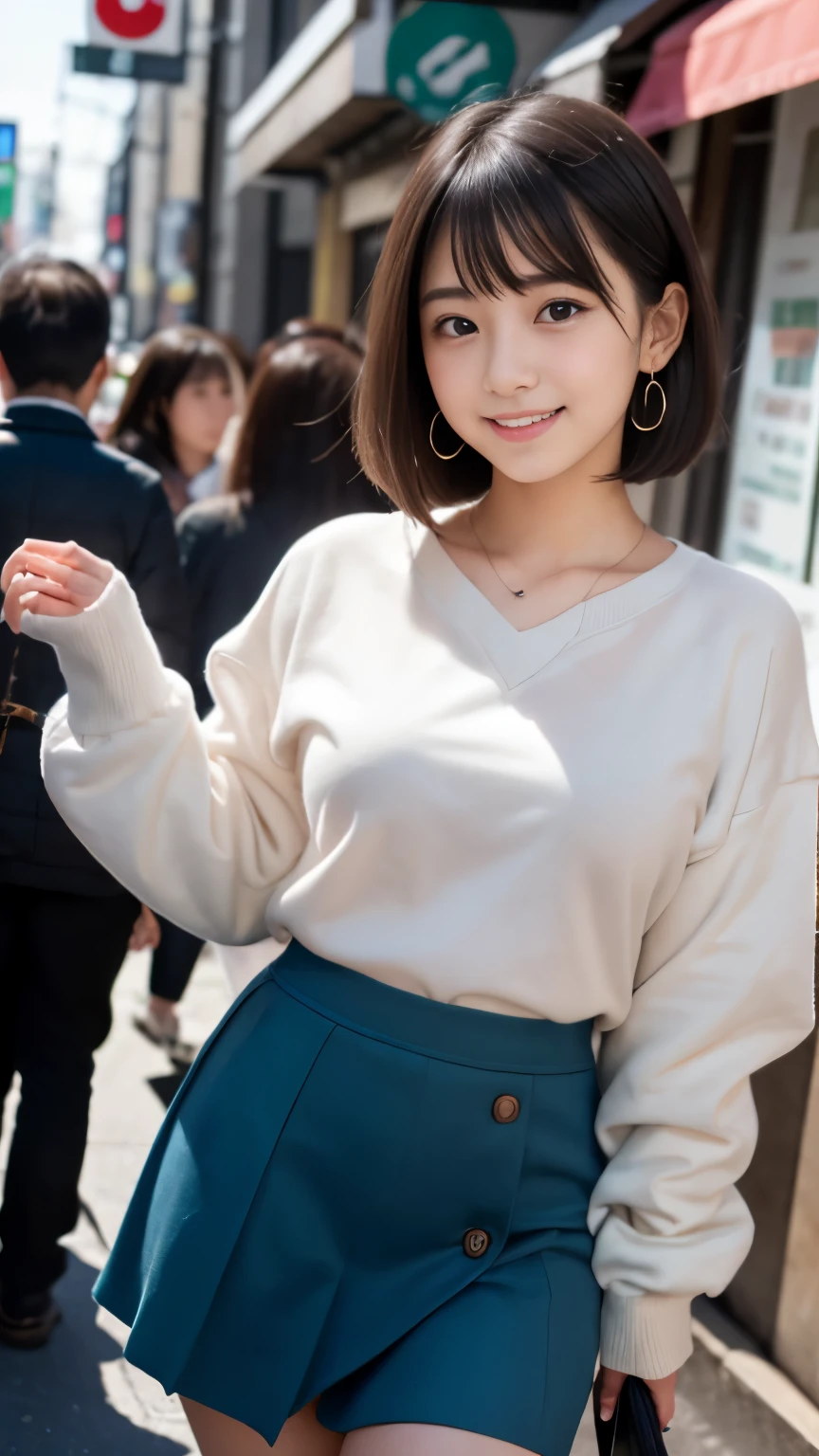 (Surrealism, RAW photo, Incredibly absurd, Nikon, 8k, super detail, masterpiece, intricate details), 
(anatomically correct, perfect human body, beautiful and cute face, silky skin), 
(16 years old, Japanese girl, idle face, Haruka Fukuhara, slim waist and busty body, Slender legs, large breast, baby face), 
((round face, black hair, short bob cut, bangs, Down-slating eyebrows, Moist eyes, Shining eyes, one little earring, light blush)), 
(street snap, random pose, pinch the skirt), 
(look down at the viewer, look at camera, close her eyes and smile), 
((micro mini skirt, oversized sweatshirt, small bag)), 
(Tokyo, Aoyama, Main street, very crowded road), 
Natural lighting, full length, whole body, angle from below