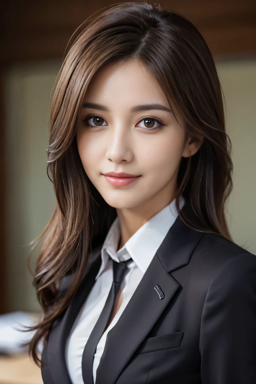 table top, highest quality, realistic, super detailed, finely, High resolution, 8k wallpaper, 1 beautiful woman,, light brown messy hair, wearing a business suit, sharp focus, perfect dynamic composition, detailed and beautiful eyes, fine hair, Detailed and realistic skin texture, smile, close-up portrait, model body shape