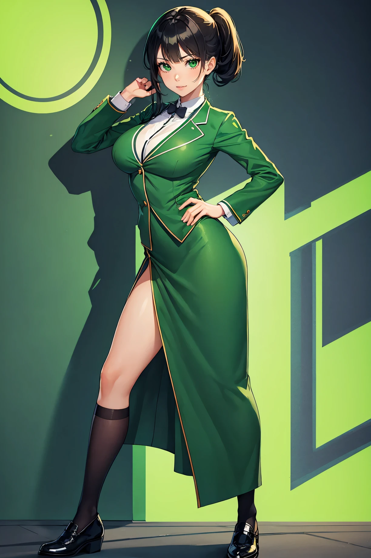 She is a sexy woman who wears a green uniform and is popular with women all over the world.。I like green。Frontal photo from head to toe。shoes are sexy。kind eyes, and a beautiful voice.。Please generate a full-body frontal image