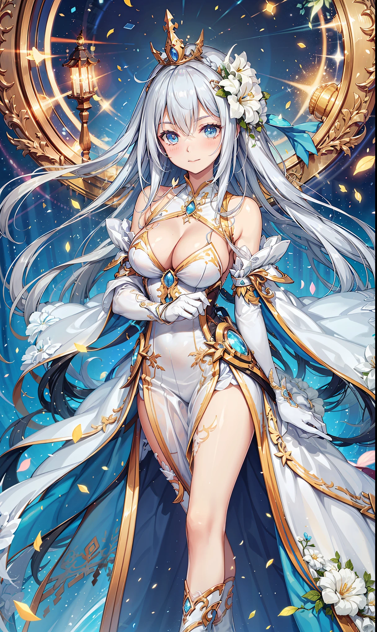 saints,Elegant and charming,having fun,in love,(Transparent white dress,Sophisticated and gorgeous design,from fantasy world),black gloves,silver hair,blue eyes,see through transparent clothes,Exquisite hair accessories,Transparent lace,Sky blue pattern,dress nicely,Bedroom,night,Carved suspender boots,Super super details,Divine magic,light particles,Exquisite and beautiful face and eyes