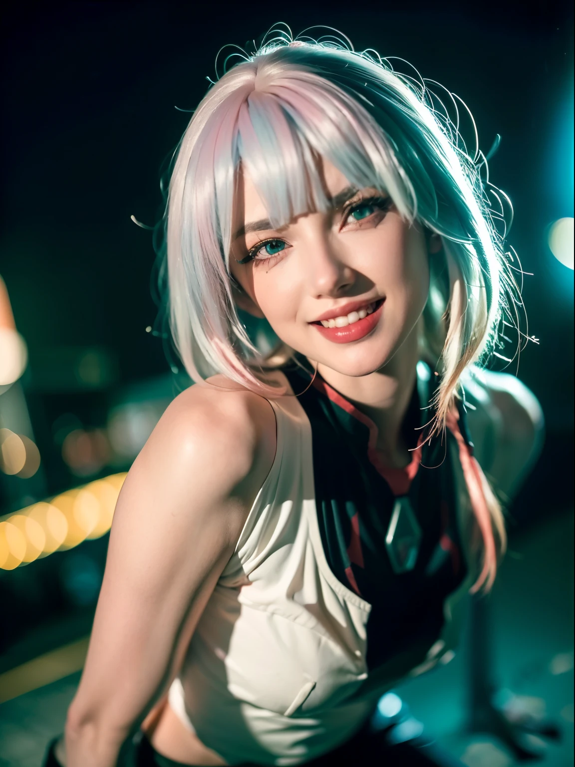 ((Obra maestra, high resolution:1.4), Lucia_ciberpunk, (ciudad futurista en la noche, neon lights:1), (de cerca:1.2), (sonrisa sexy:1.5) (1 chica), pelo corto blanco, golpes, ((delineador de ojos rojo)), ((constituir)), labios rojos, chaqueta blanca con hombros descubiertos, mono negro, Hombros descubiertos, shorts blancos, hip vent, muslos negros, piel muy detallada, poros de la piel, (cara muy detallada:1.2), ((orgasmo )), (ojos muy detallados:1.2), Realista pupils:1.2, rubor de cara completa, labios llenos, (perfect anatomy:1.1), (proporciones perfectas:1.1), (Photography:1.1), (photoRealista:1.1), Volumetric lighting, dynamic lighting, Sombras reales, (high resolution:1.1), Sharp focus, (Realista, hyperRealista:1.4), intrincado, Alto detalle, Dramatic, Subsoil Dispersion, gran profundidad de campo, vivid, pulido, afilado, ((completo agudo)), (extremadamente absurdos),16k hdr,