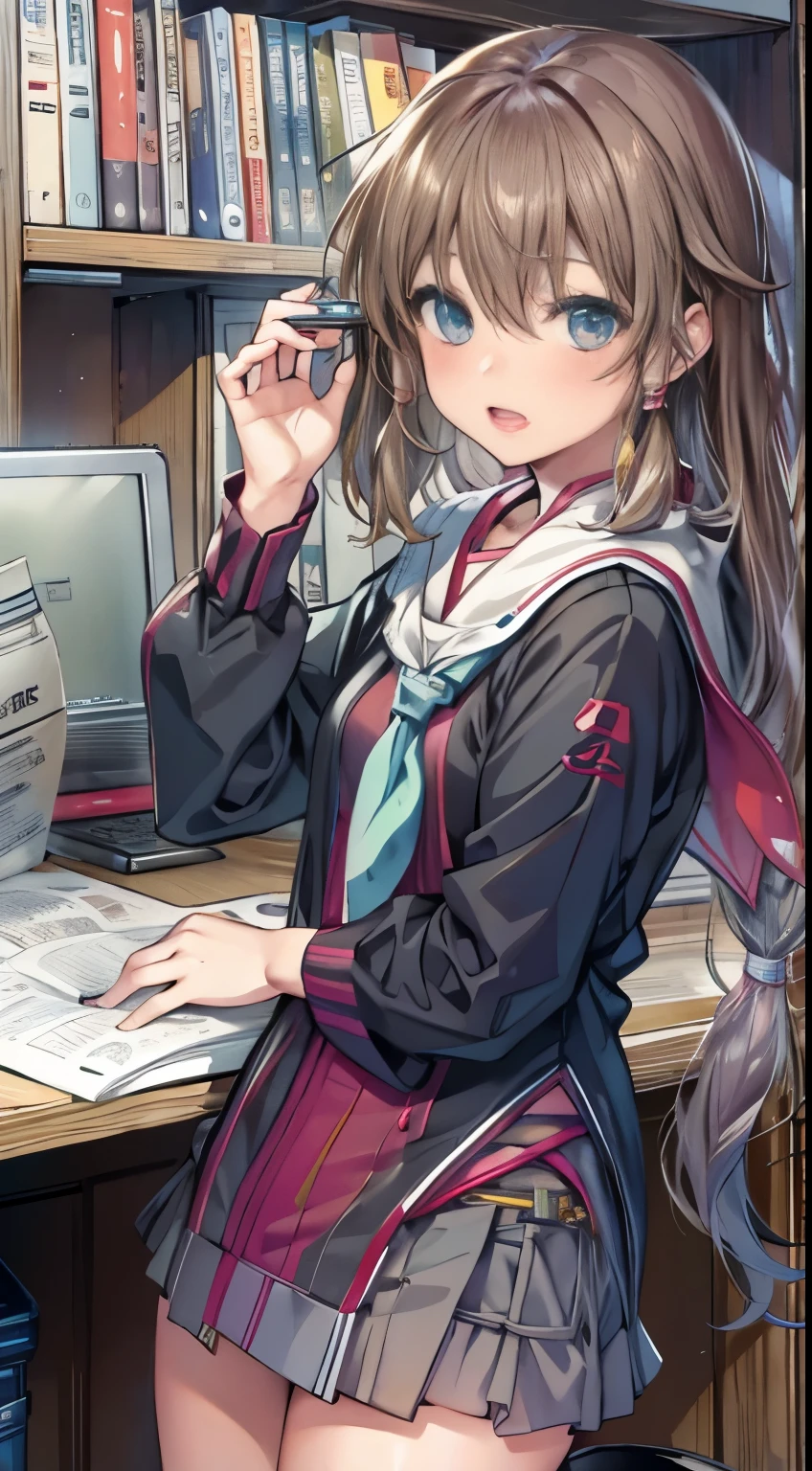 (masterpiece),(highest quality),(super detailed),(Best Illustration),(best shadow),(disorganized),(detailed background), upper body,Taiga Aisaka, 1 girl, alone, short stature,flat chest,long hair,light brown hair,brown eyes, aisaka taiga, Thighhighs, red school uniform, brown hair, oohashi high student uniform,blue mini skirt, zettai ryouiki, kneehighs,sitting, machine, classroom,embarrassed ,blush,(spread legs:1.3),(legs up),(cameltoe:1.3),