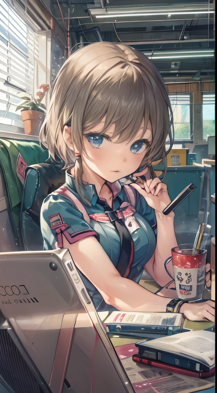 woman working at a desk, girl,shortcut、 Realistic young gravure idol, タイトでシンプルな服を着たかわいいgirl,, 美しいアニメのgirl, tight clothing, perfect expression, young thin、