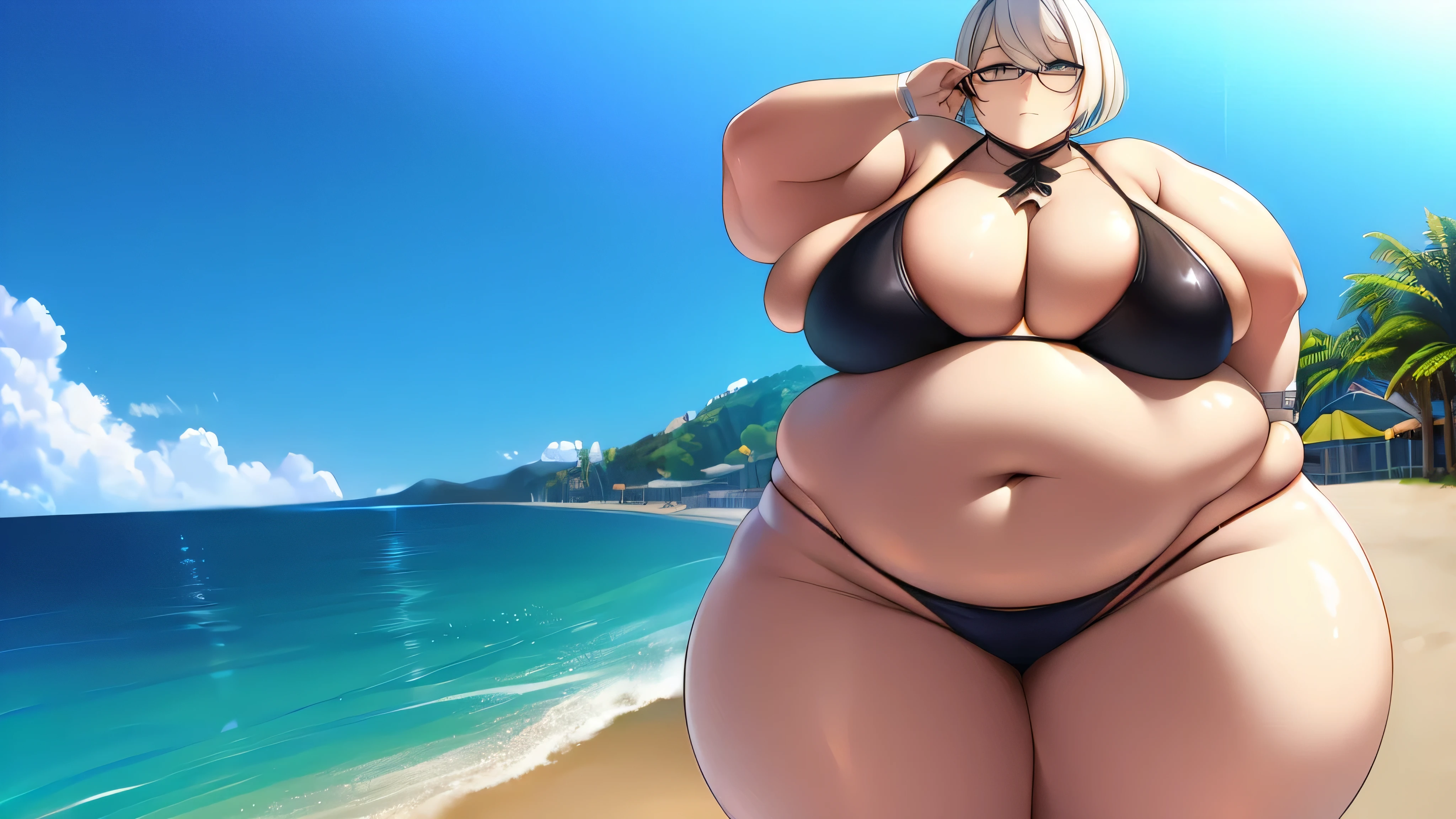 1 garota, 2b, nier automaton, small black bikini, neutral expression, obeso, barriga enorme, coxas gordas, Seios rechonchudos, entrando em um restaurante em uma praia muito ensolarada, abrindo a porta da frente, detalhado, detalhado face, pele brilhante, pele molhada, anatomia perfeita