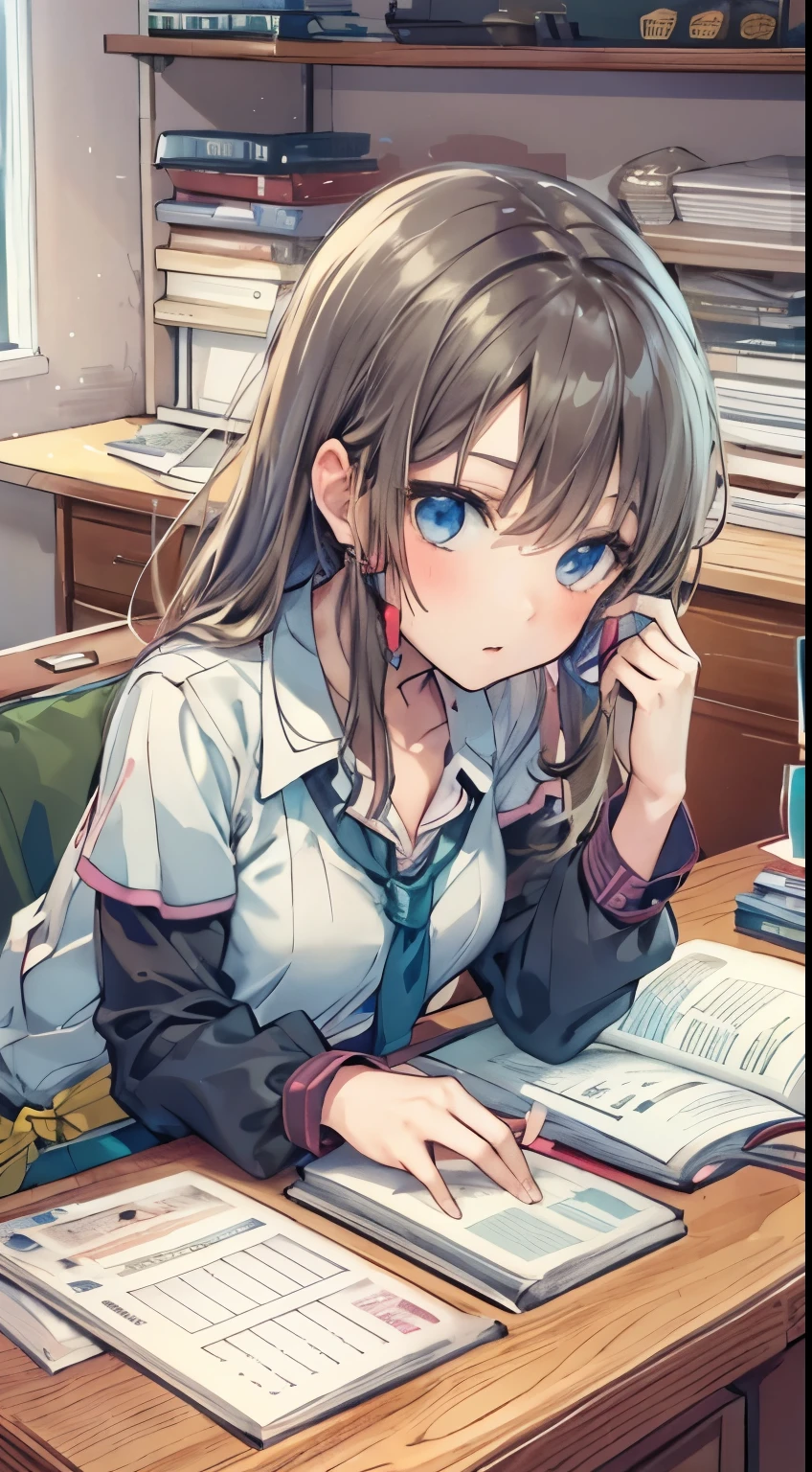 woman working at a desk, girl,shortcut、 Realistic young gravure idol, タイトでシンプルな服を着たかわいいgirl,, 美しいアニメのgirl, tight clothing, perfect expression, young thin、