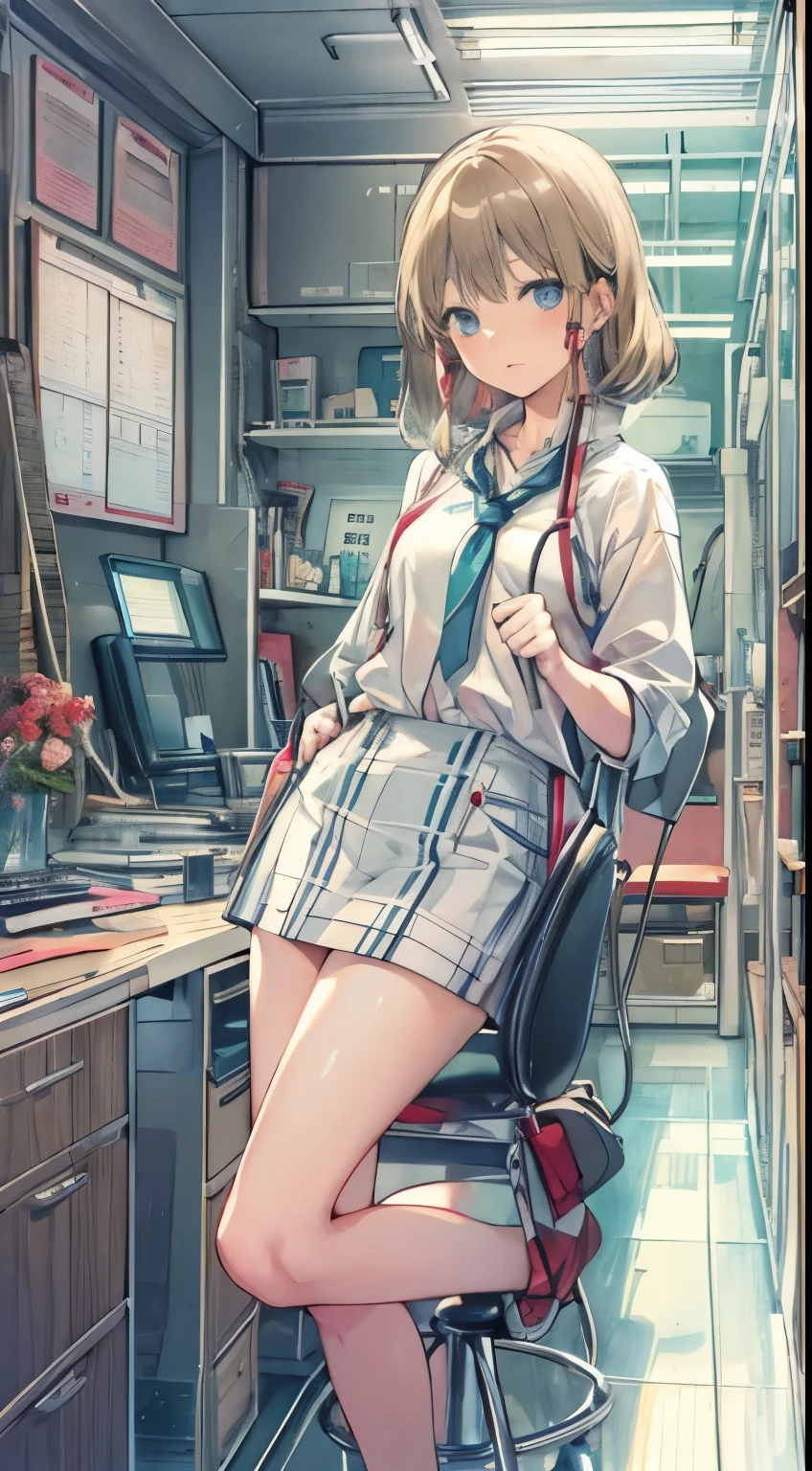 woman working at a desk, girl,shortcut、 Realistic young gravure idol, タイトでシンプルな服を着たかわいいgirl,, 美しいアニメのgirl, tight clothing, perfect expression, young thin、