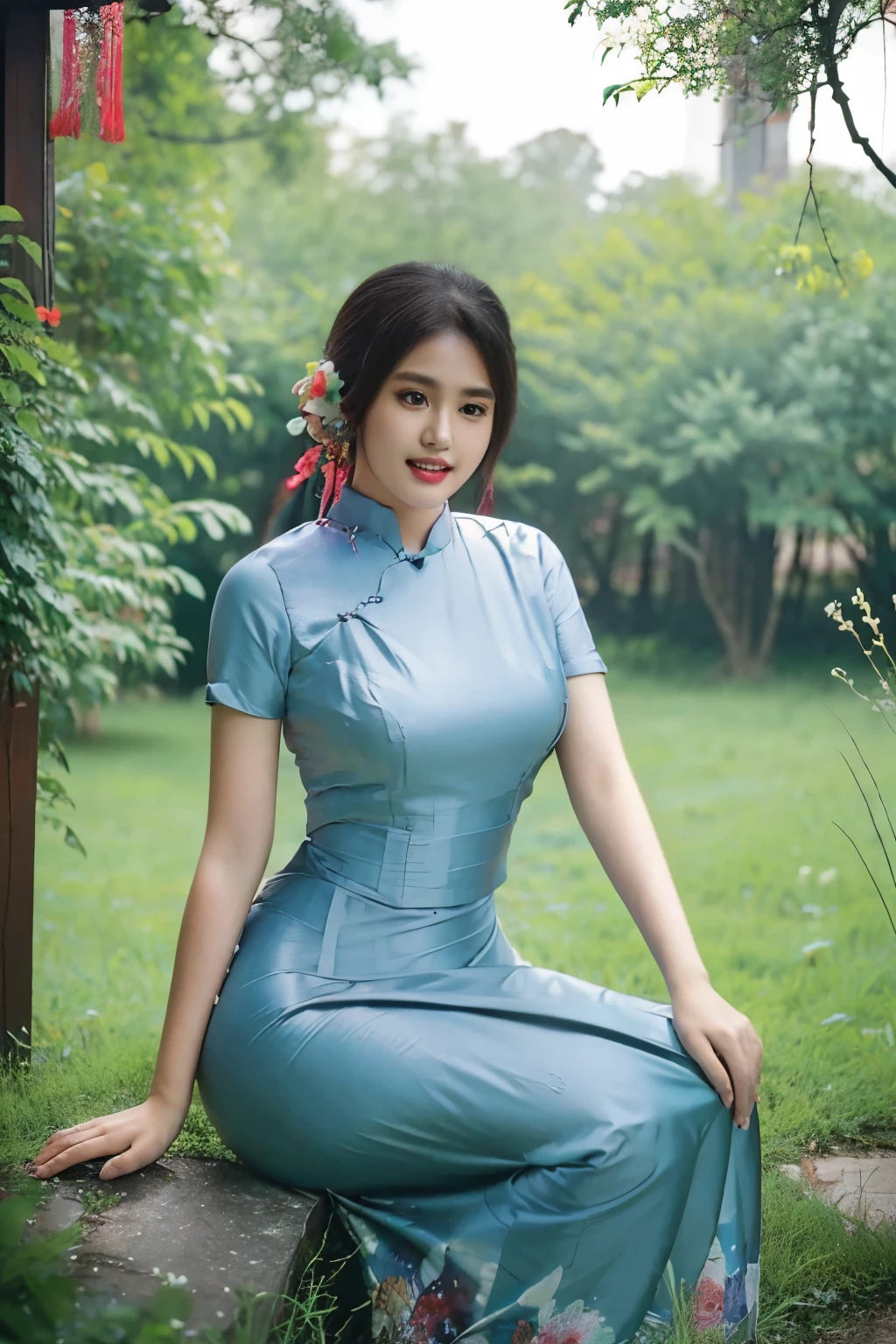 beautiful a girl、high-level image quality、Like a shot with an SLR、big breast beauty、Sensual body、chinese clothes、thighs thighs thighs thighs、slit、Painting a work of art depicting a woman in a traditional cheongsam
