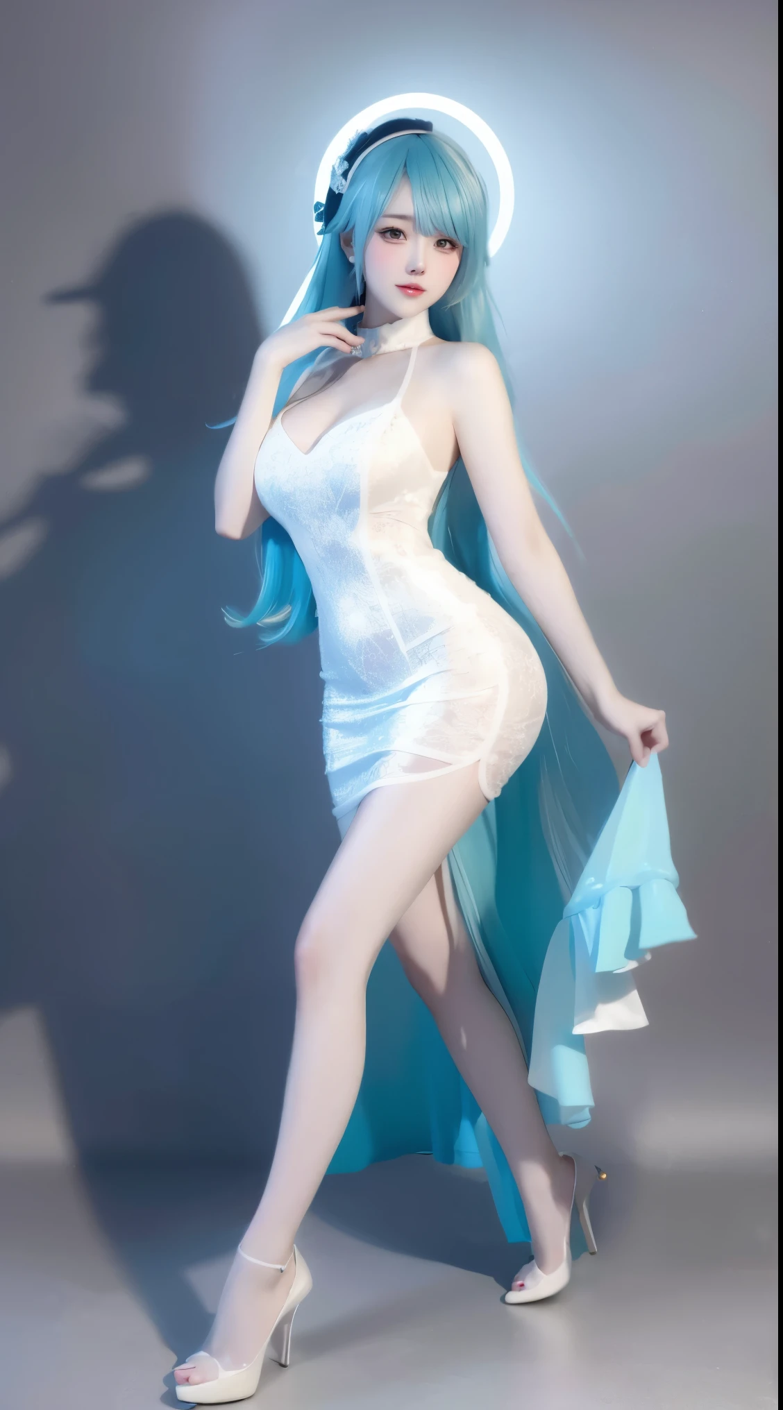 8k, surreal, masterpiece, best quality, super detailed, high resolution, random background, 1 girl, (:1.5), Yao Liu, white dress，cyan hair，translucent，whole body，High heel透明婚纱，High heel，whole body，cyan