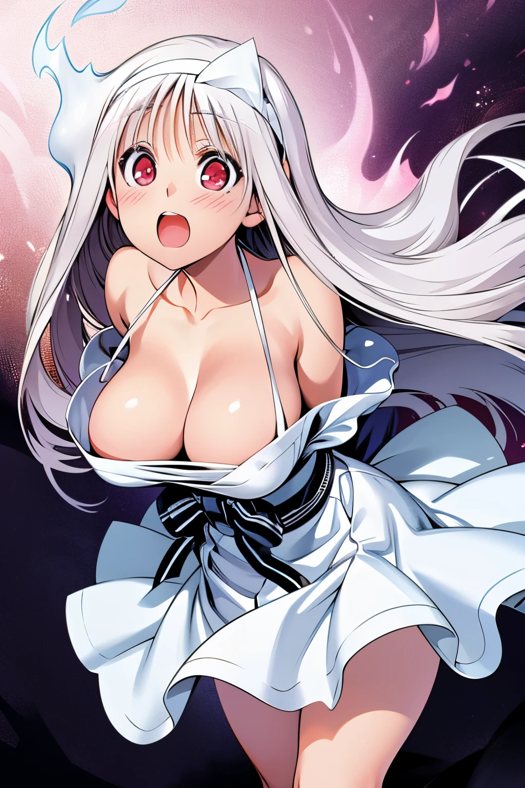 look towards the viewer, standing character, (anime coloring),(masterpiece),(best quality),(ultra-detailed),(best illustration),(absurdres),(detailed background), YUUNA YUNOHANA, LONG HAIR, (HALF CLOSED RED EYES:1.3), WHITE HAIR, CLEAVAGE, WHITE WEDDING DRESS, WHITE CLOTHES , GHOST, TRIANGULAR HEADPIECE, ALBINO, lady body 18 years, shy, looking at viewer, more close to the viewer, adult, tall body, open smile,kissing, jealous, steam artwork, beautiful hair, open mouth, SHY EXPRESSION, white clothes
